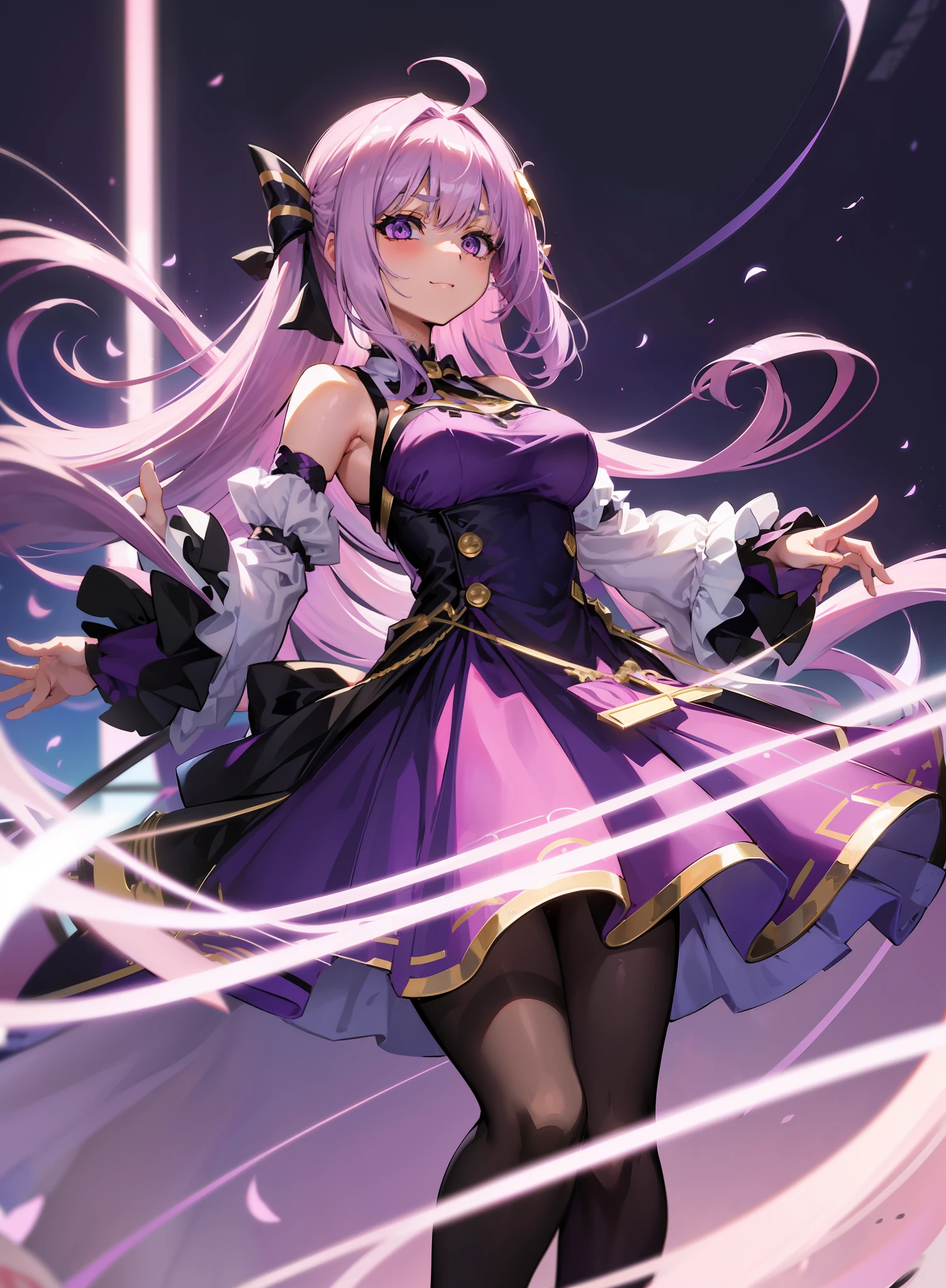(hair over shoulders),hair over breasts,Light purple hair,Gradient hair,frizzy hair,Asymmetrical bangs,hair between eye,musical note hair ornament,Girl,Solo,long eyelasher,Beautiful detailed eyes,ssmile,Purple eyes,Gradient eyes,Medium breasts,between breasts,Detached_Sleeves,Black pantyhose,mitts,arms stretched wide,((Purple dress)),Beautifully dressed,musical note,baton,((Bow knot)),Gold accents,Black accents,intoxicated,ellegance