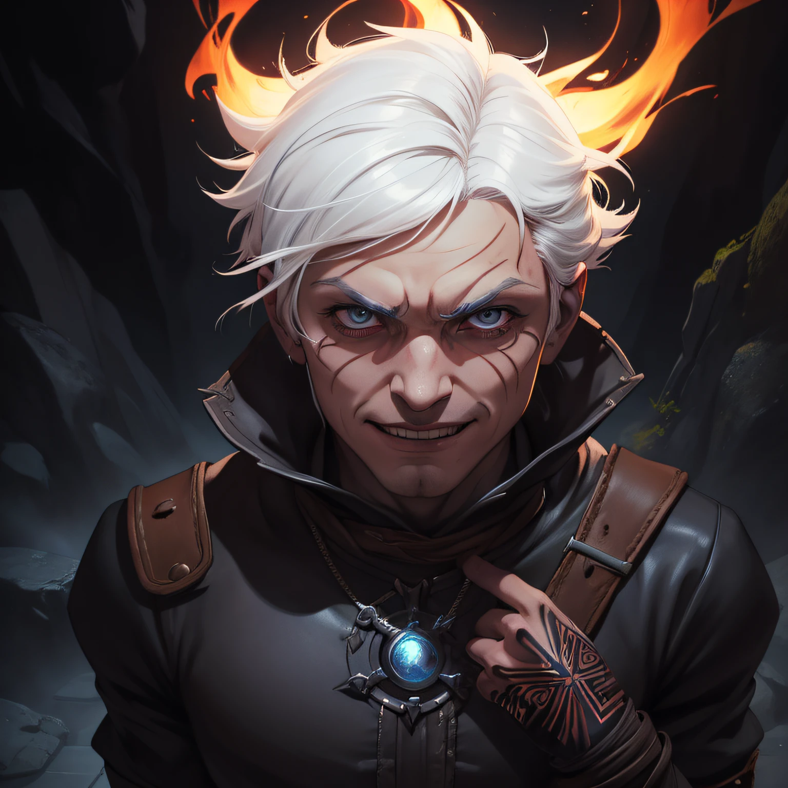 (lineart colorida: 1.3),(movimento:1.2),(detalhes finos:1.3),(obra-prima),cinematic  composition,hiperdetalhado,(underground dungeon:1.2),retrato, white hair, short hair, Half-genius male sorcerer in leather sorcerer's clothes and fire magic threatening the viewer, tribal tattoo on the arms and twist, evil charismatic smile, realistic complex lighting, dramatic point of view of the scene, intenso, (foco nítido), (Hiperdetalhado Realista), (perspectiva)