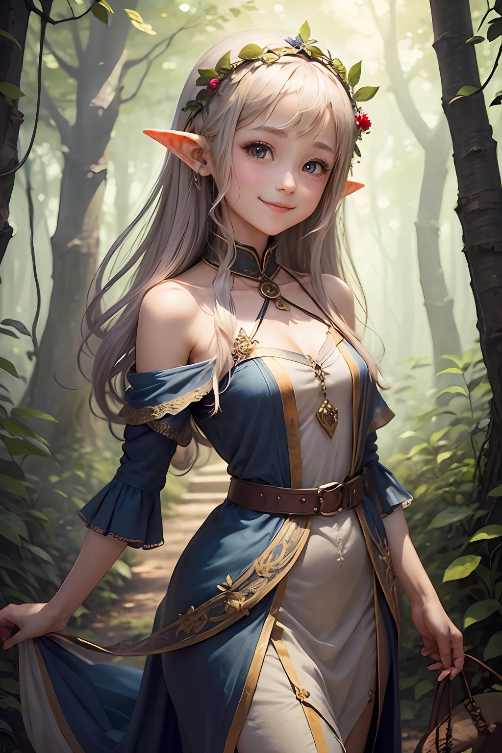Welcome to the unknown、Elves will guide you、kindly smile、Beautiful girl with a sense of transparency、beautiful fairies、play、A delightful、the woods 、facing front、A smile