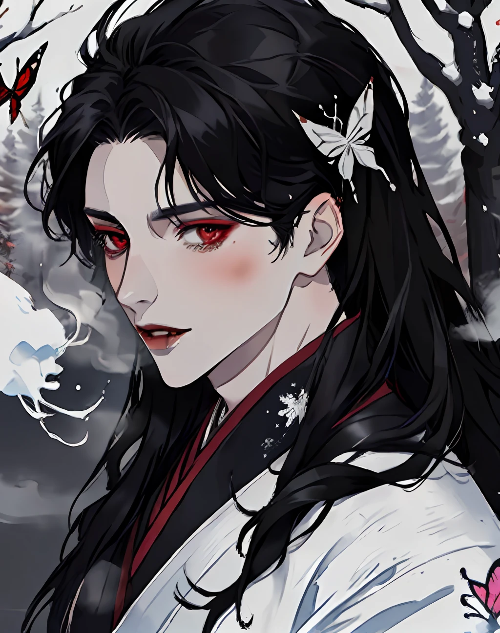 masterpiece, portrait, smoke, winter, snow, red and blck butterfly, snowy trees, watercolor, (((man))), kimono, red eyes, detaled eyes, black hair, long hair, perfect detailed face, night, attractive man, vampire