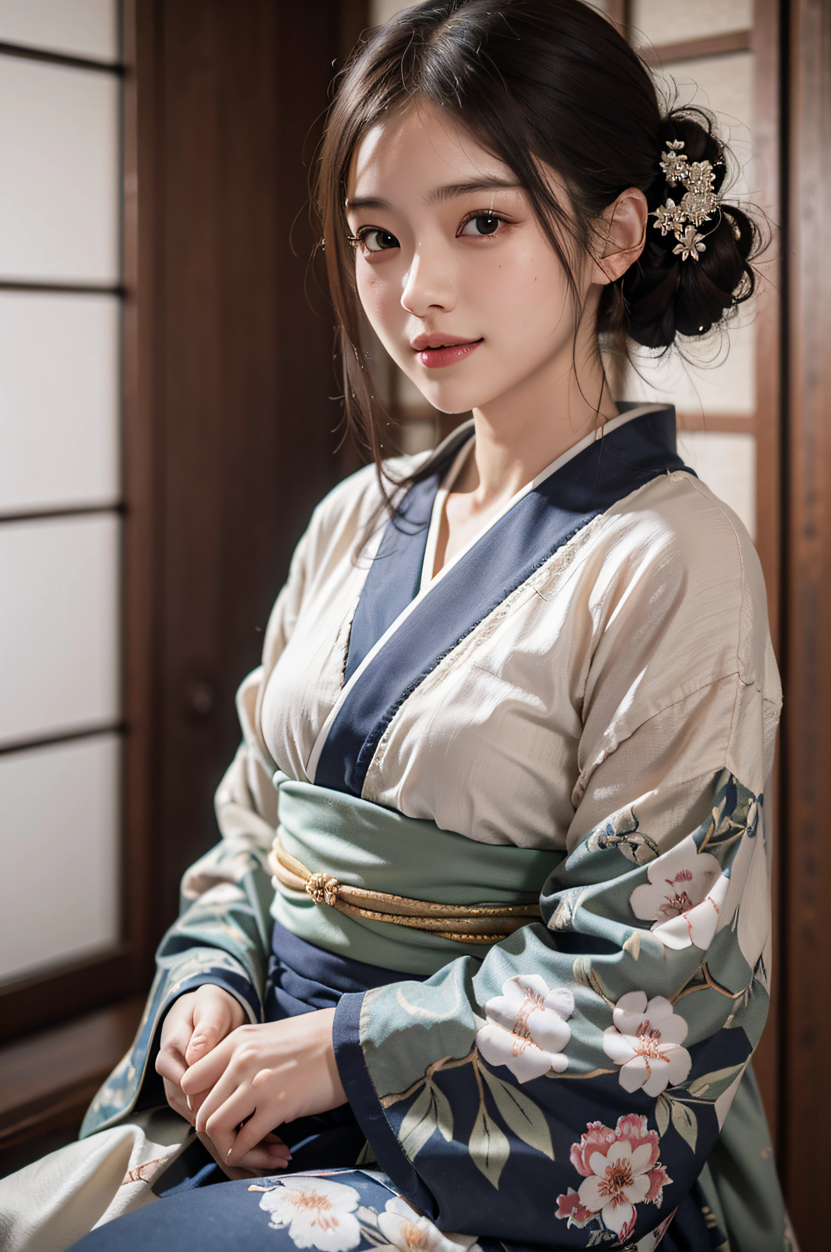 (Photorealsitic:1.4), (Top image quality:1.0), (超A high resolution:1.0), 8K, Raw photography, (​masterpiece:0.2), (pureerosface_v1:0.5)、(Best Quality Detail:1.2)、realisitic、8K UHD、hight resolution、(1girl in:1.2)、The ultra-detailliert、High quality textures、intricate detailes、detaileds、Very detailed CG、High quality shadows、Detail Beautiful delicate face、Detail Beautiful delicate eyes、depth of fields、Ray traching,1girl in, japanaese girl, Cute, slender, Black kimono, Kimono with Japanese pattern,Floral scrunchie, Beautiful skin, Facing the front,Sit down, Sit upright and say thank you,Align your hands elegantly,Smile faintly The Land of Japan,Japanese garden,Luxury Japanese-style room, skyporn, Magic Hour, (Realistic:1.3), Finely detailed, quality, (masutepiece:1.2), (Photorealistic:1.2), (Best Quality), (Intricate details), Dramatic, Ray tracing, photograph, +Lola