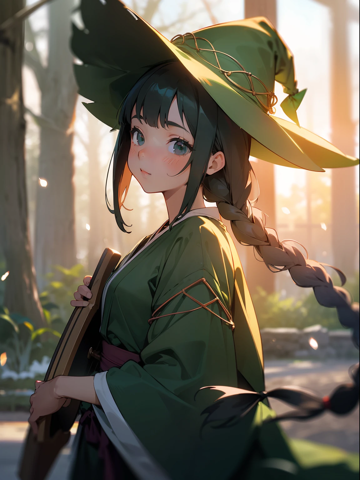 (Cute girl in braids wearing green witch hat), (Cute girl about ), Play the lute, Simple Green Witch Hat,(masutepiece), (very intricate:1.3), (Realistic), portrait of girl, the most beautiful in the world, (Green Witch Robe) , Upper body, forest, Intense sunlight, Professional photo details of stunning girls, foco nítido, Dramatic, awardwinning, Cinematic lighting, , Volumetrics DTX, (Film grain, Blurry background, blurred foreground, Bokeh, depth of fields, Sunset, Motion Blur:1.3),Realism,Oversized shirt,Black eyes,Magazine covers