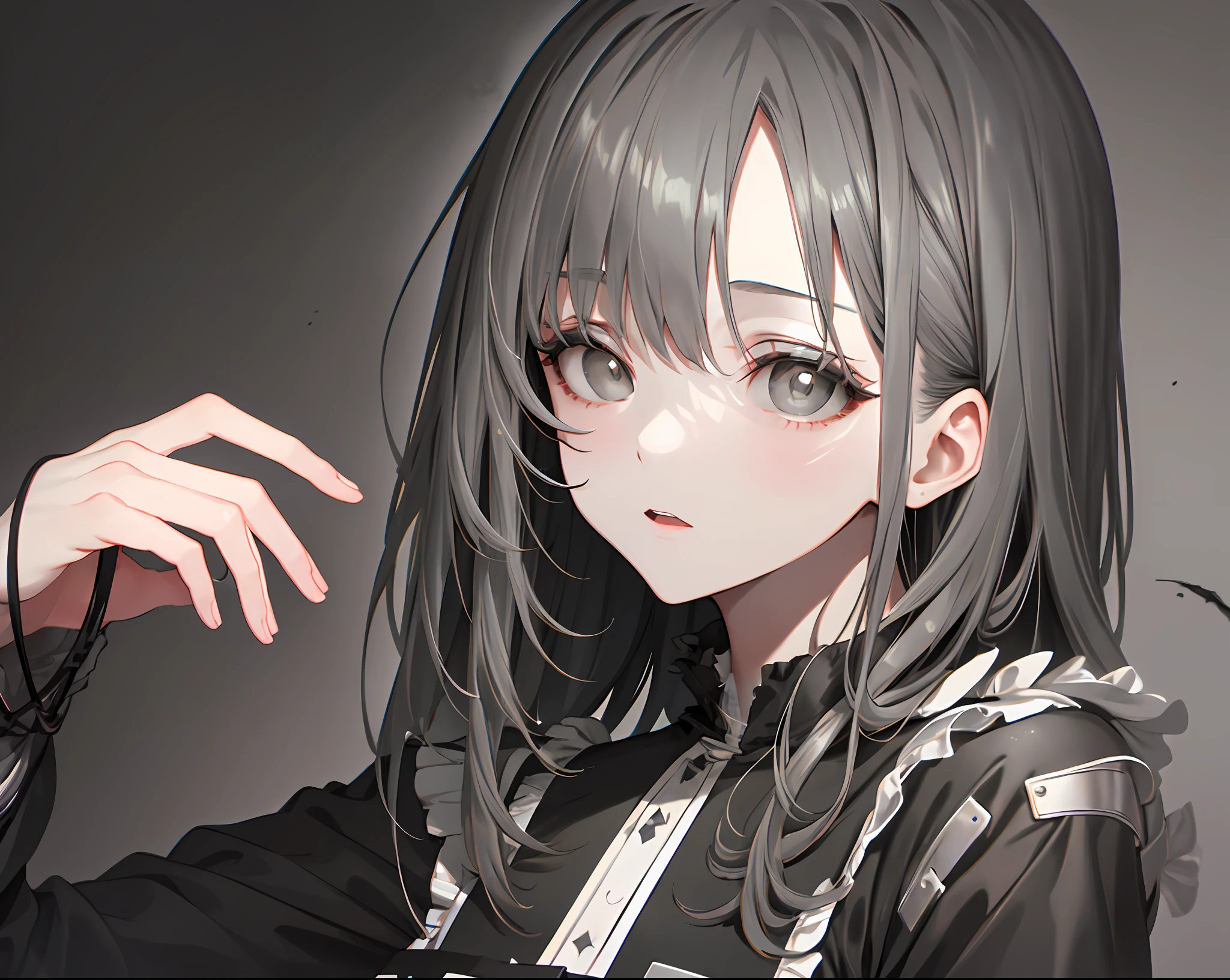 【Highest quality, masterpiece】 [(1 lady), upper garment, facial expression, black eyes, front facing, black hair, walking, upper body] (gray background:1.7)