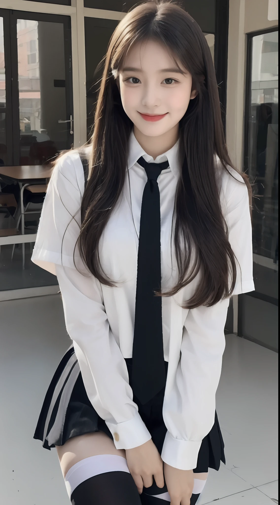 Cute Korean baby face shape,highest quality,8K,Cinematic clarity,Perfect body proportion,Enchanted smile,Charming eyes,Delicate skin texture,(long whitr hair,Cut hair in layers),(Student uniform:1.2),(Collegiate style:1.3),(schools),(black lence stockings:1.3)(are standing)