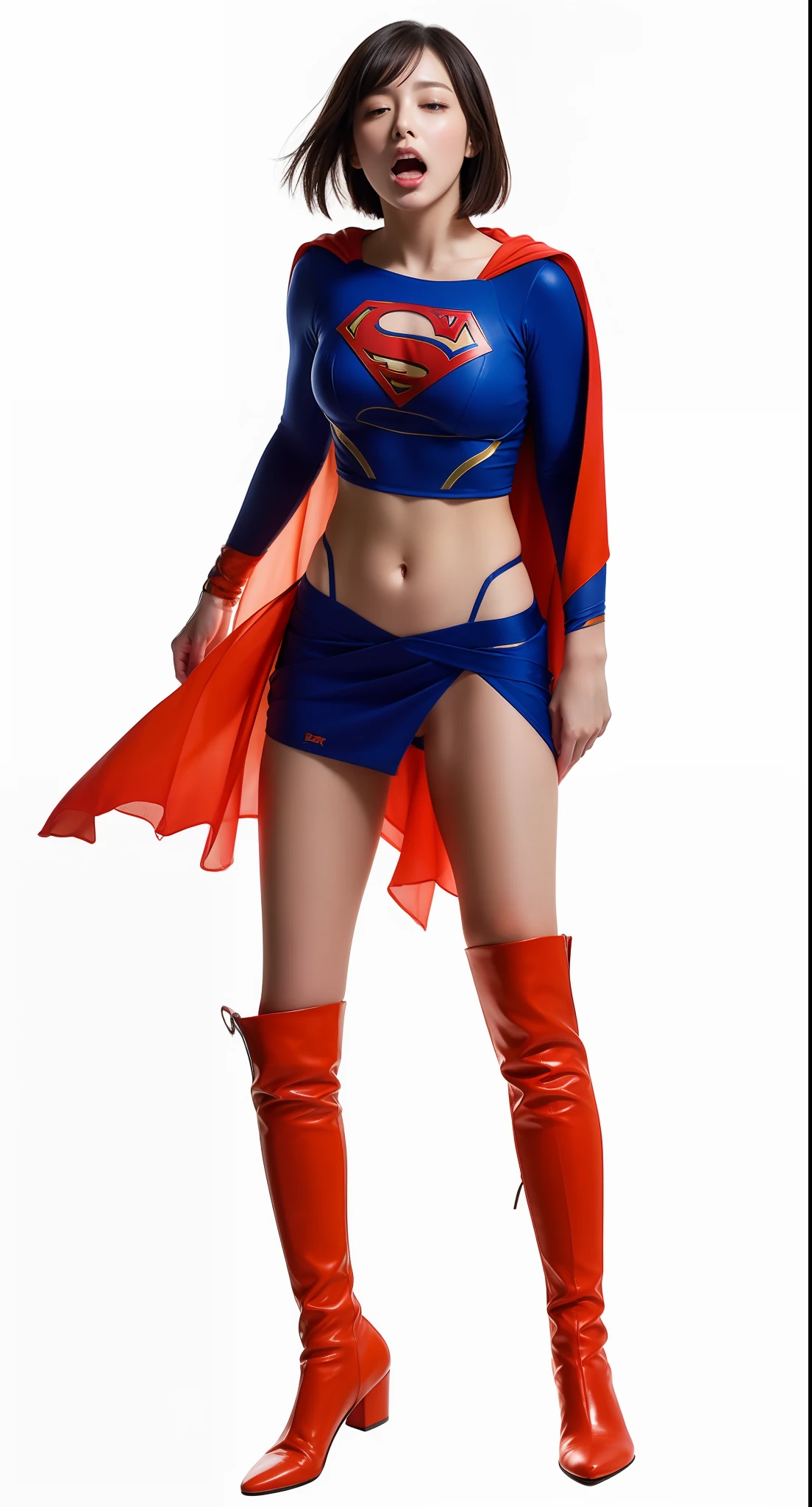 Supergirl Logo、8K、Top image quality、high-detail、Wearing stockings、defeat、Painful、Painful look、s asleep、tongue-out、Consciousness is hazy、syncope、dead body、A sexy、super girl、Superheroine、Black stockings、arurinh、((red blush)) ((embarrassed from)) 、The upper part of the body、absurderes、long straight fine hair、Dynamic Poses、modelshoot:photo shot、hard disk、High contrast、Sharp Images、masterpiece、Keep your mouth shut、Balanced eyes、CG Rendering、Small skull bones、Detailed clavicle、(Top quality details: 1.2)、realisitic、8K Ultra Detail、high quality texture、Detailed texture、Detailed Detailing、high detal、Highly detailed CG、High quality shadows、beautiful countenance、Detailed beautiful delicate eyes、 degrees of freedom、Beautuful Women、tiny chest、A tall、blurry backround、vomit blood