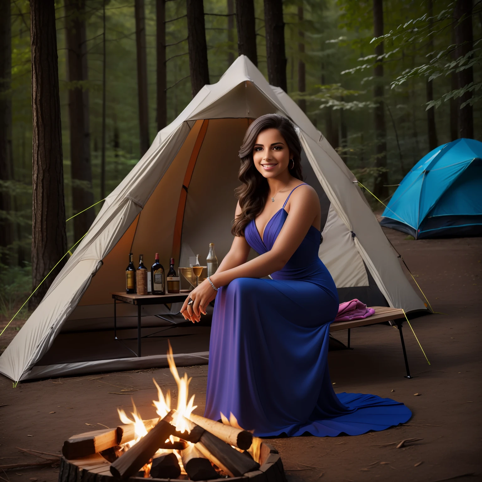 (photorealistc:1.1) beautiful young Hispanic woman sitting by a campfire, campsite in the forest, tent and picnic table in background, woman wearing evening gown, woman smiling, elegant woman with long hair