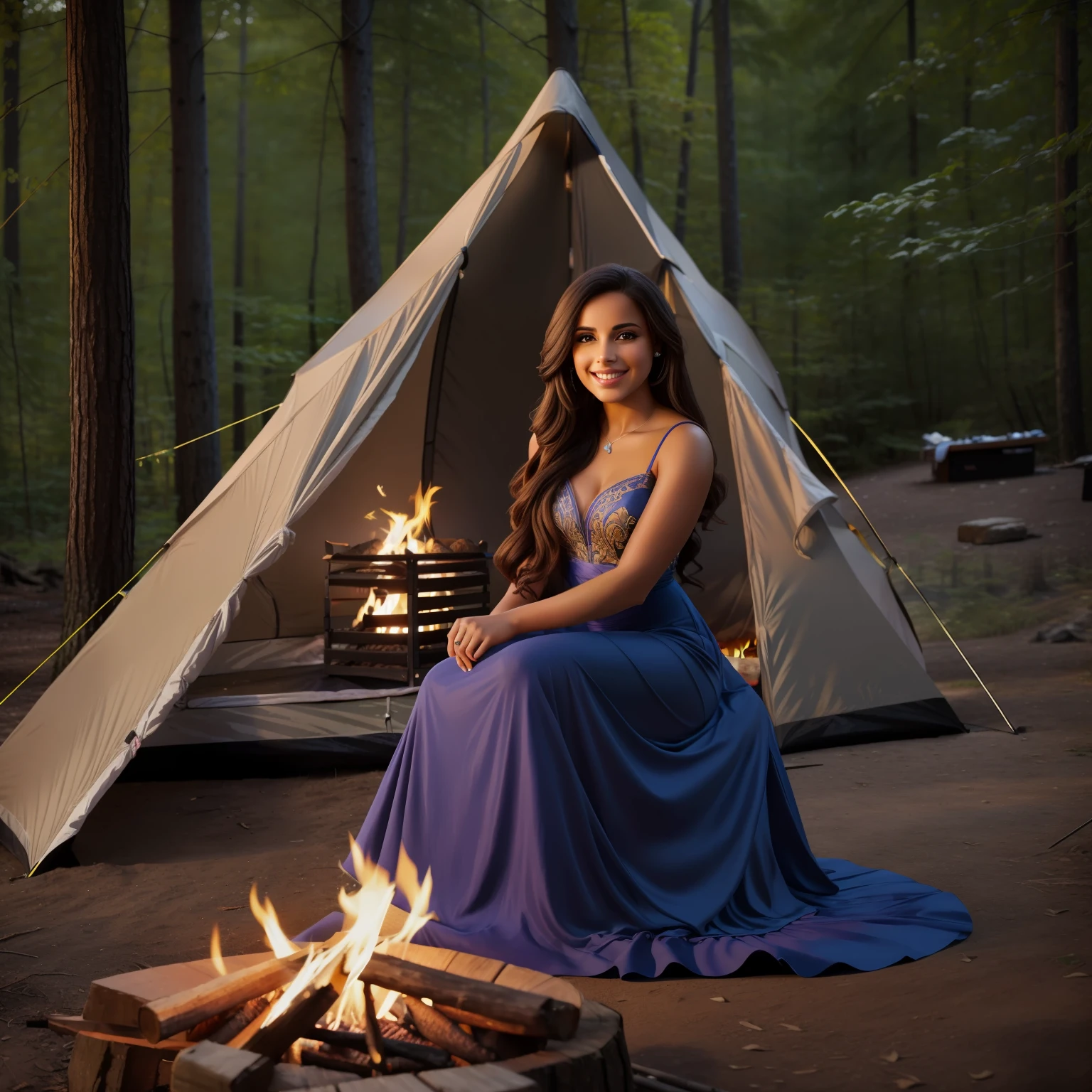 (photorealistc:1.1) beautiful young Hispanic woman sitting by a campfire, campsite in the forest, tent and picnic table in background, woman wearing evening gown, woman smiling, elegant woman with long hair