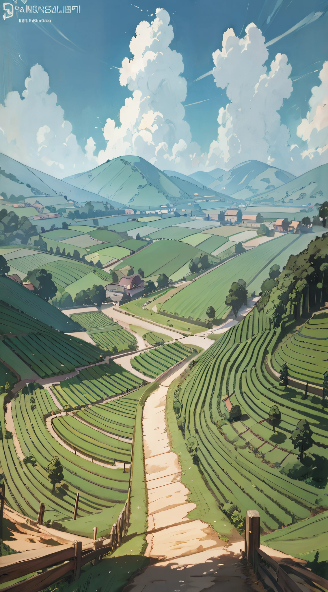 Farm road through,Anime countryside,Ross Trunk painting style,Valle futurista,silvain sarrailh,Patrick Cheng Digital Painting Art