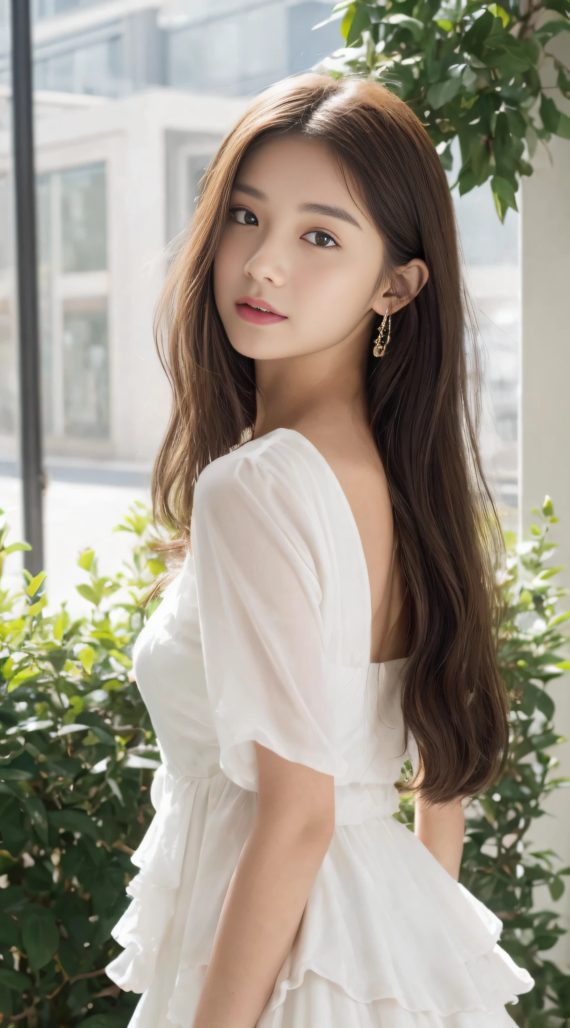 ((Best Quality, 8K, Masterpiece: 1.3)), Focus: 1.2, Perfect Body Beauty: 1.4, Buttocks: 1.2, ((Layered Haircut, Normal Chest: 1.2)), , Bandeau Dress: 1.1, Viewer-facing; 1.1, Highly detailed face and skin texture, fine eyes, double eyelids, whitened skin, long hair, (round face: 1.5)