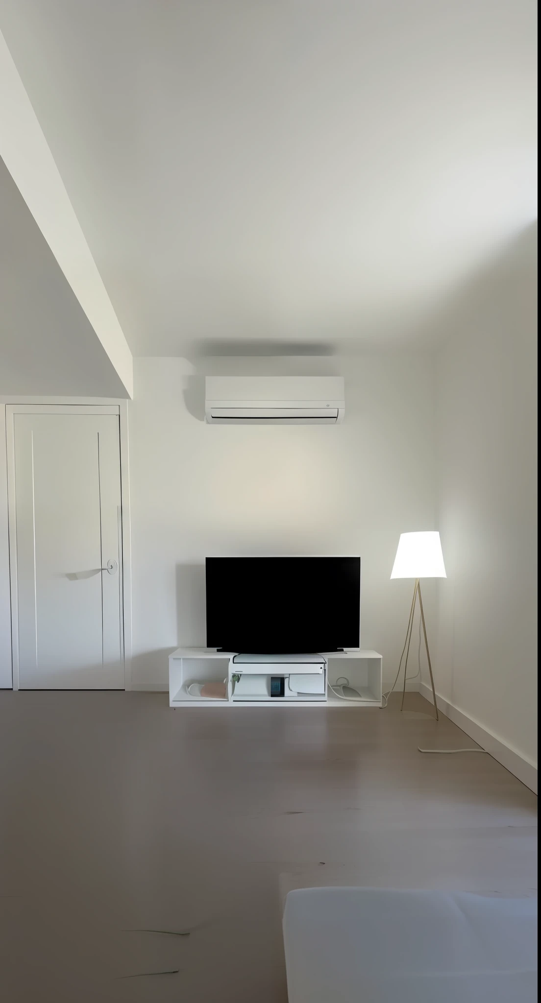 there is a television in the middle of a room with a lamp, natural light in room, air conditioner, natural lighting. 8 k, all white render, interior white wall, modern minimalist f 2 0 clean, light source from the left, white walls, with backdrop of natural light, low ceiling, flat minimalistic, from 8 k matte, interior of a small room