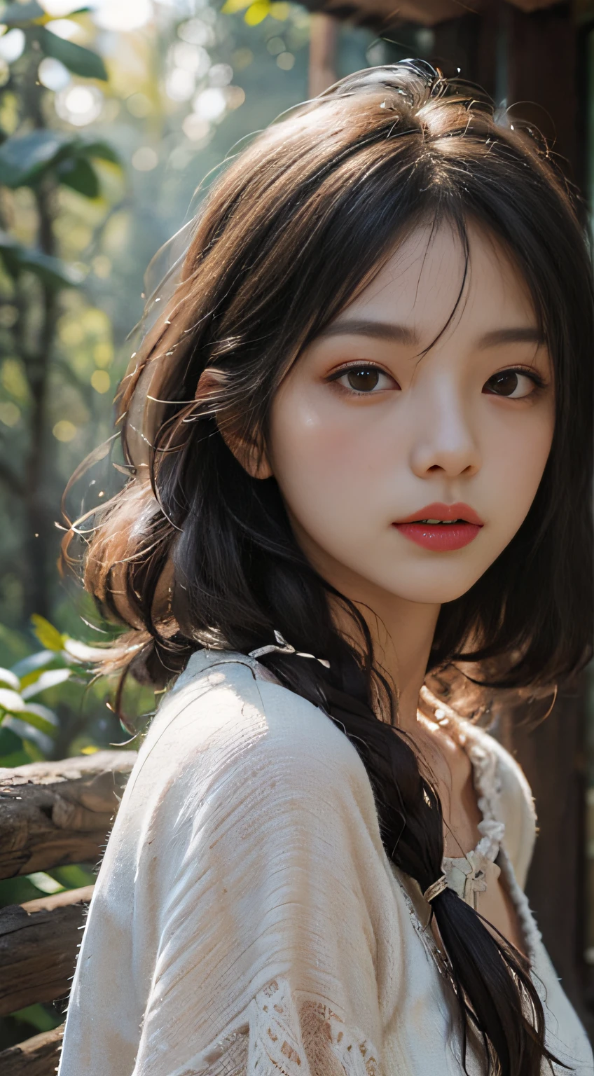 ln the forest,hillside,Quiet,Rustic,High-definition detail、hyper-detailing、cinematic ligh、ultra-realistic realism、Soft light、Deep field focus bokeh、
