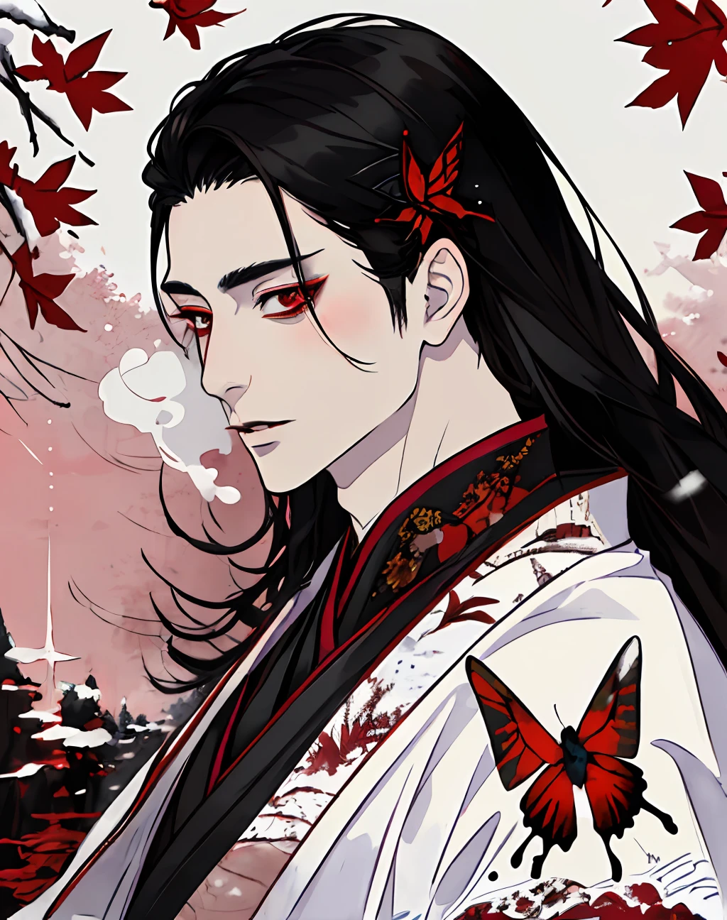 masterpiece, portrait, smoke, winter, snow, red and blck butterfly, snowy trees, watercolor, (((man))), kimono, red eyes, detaled eyes, black hair, long hair, perfect detailed face, night, attractive man, vampire, yoshiwara style, tabaco, pale pink skin, masculine