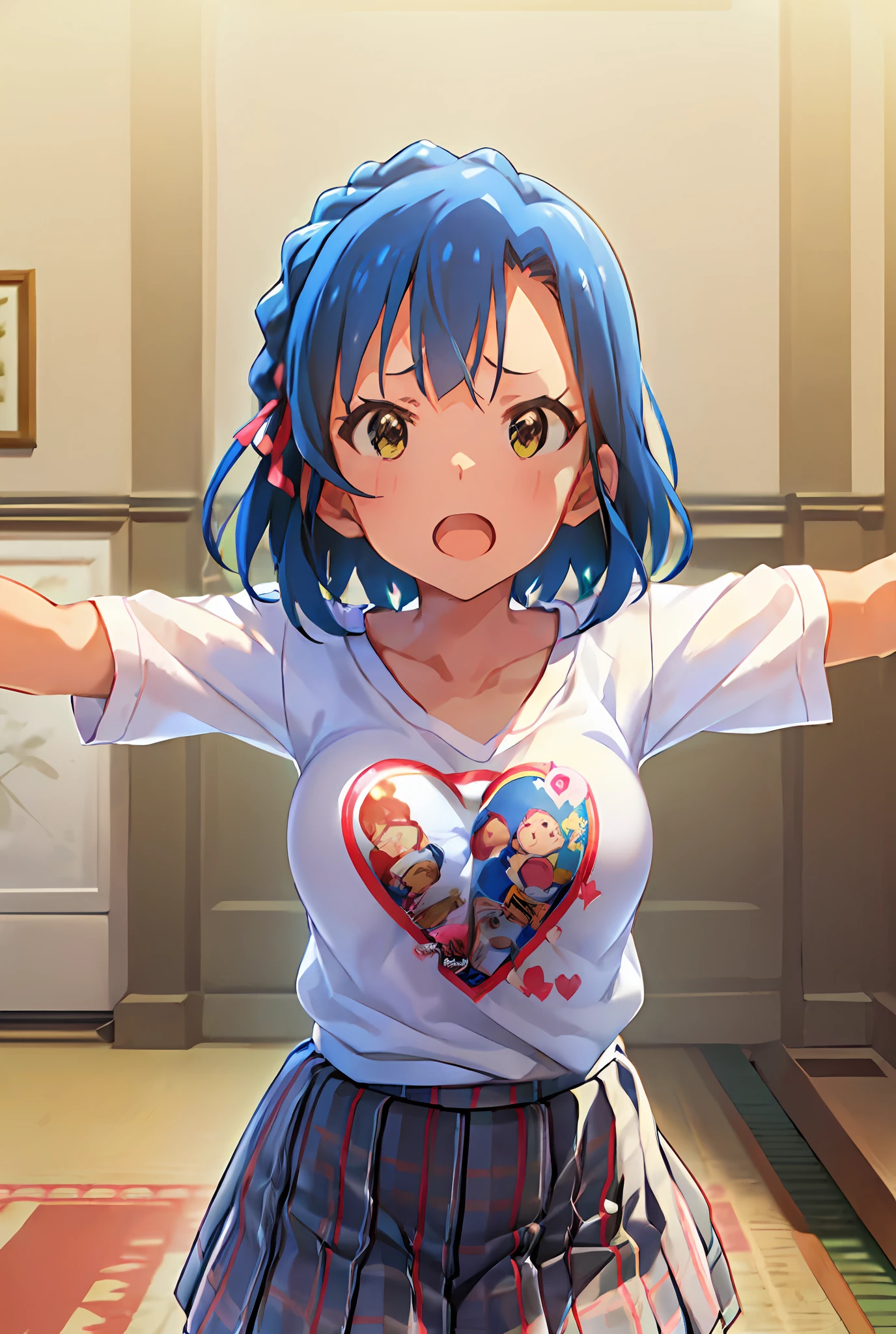 yuriko nanao (million live). Short stature. (((white t-shirts))).(((Skirt))).(((masterpiece))).(((best quality))).((Ultra-detailed))).(((illustratio))). (((Spread your arms))).(((a room))).(((up chest))).Despair face.(((short-hair))).((big breasts)).((Opening Mouth)).(((Heart on chest))).