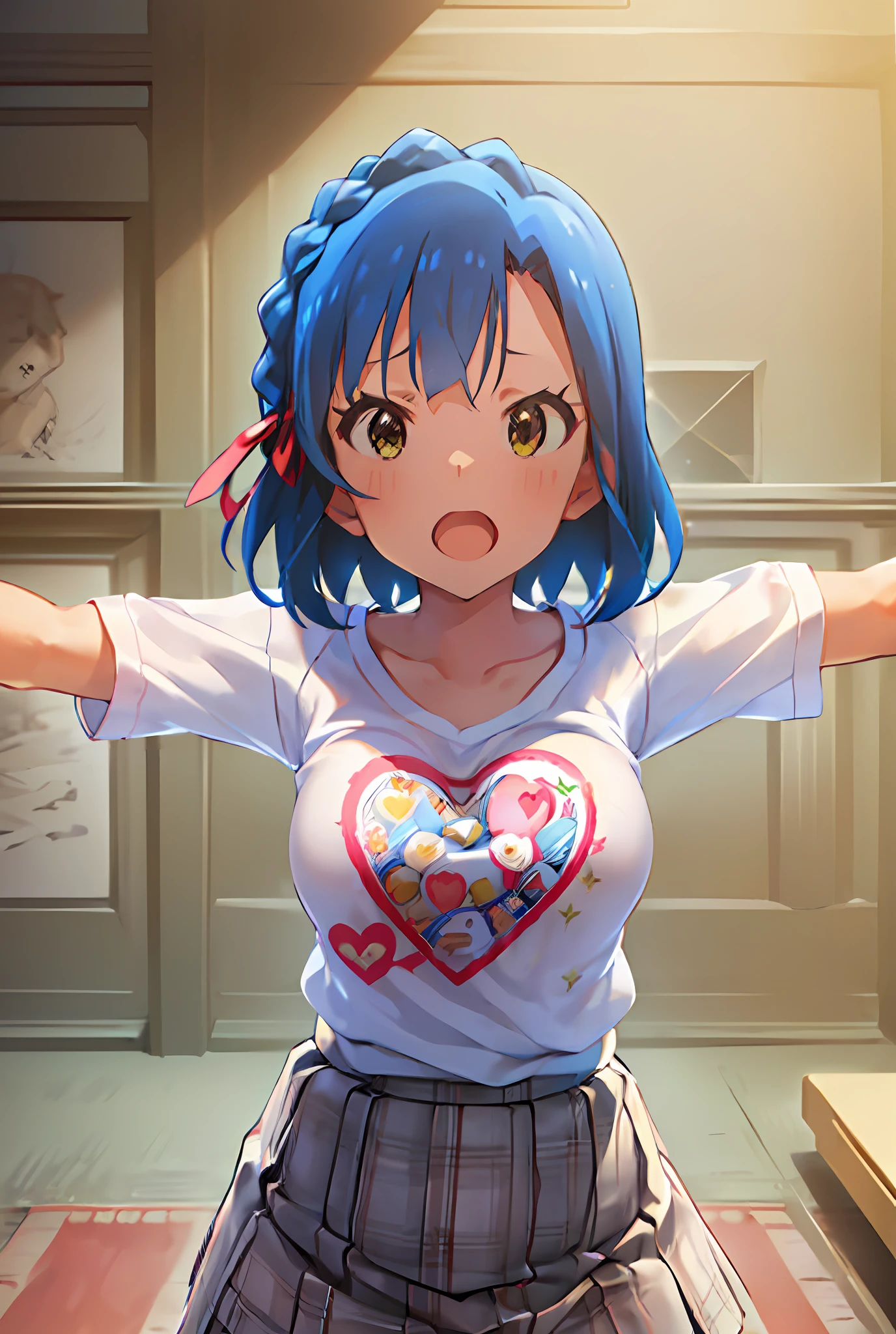 yuriko nanao (million live). Short stature. (((white t-shirts))).(((Skirt))).(((masterpiece))).(((best quality))).((Ultra-detailed))).(((illustratio))). (((Spread your arms))).(((a room))).(((up chest))).Despair face.(((short-hair))).((big breasts)).((Opening Mouth)).(((Heart on chest))).