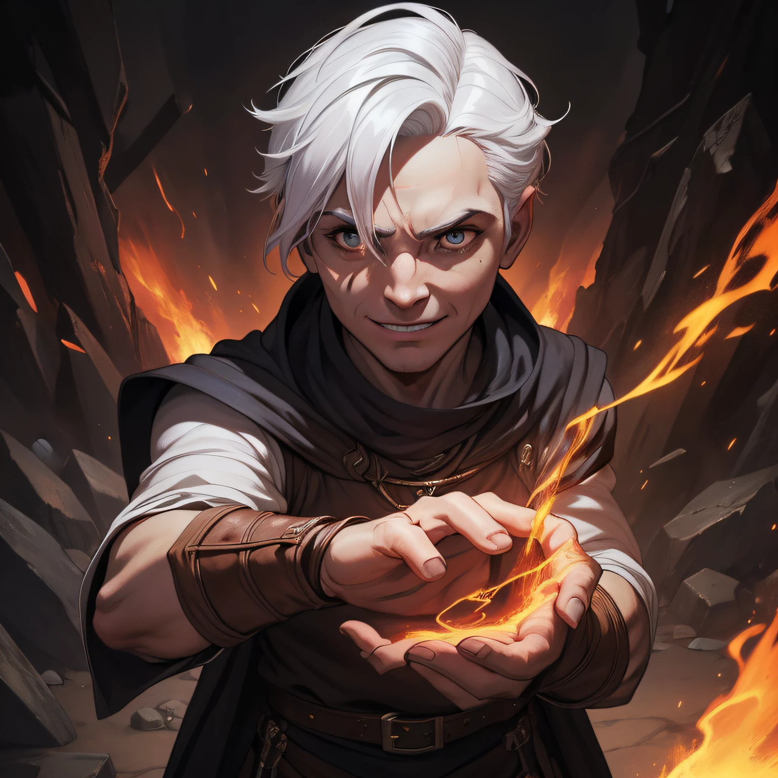 (lineart colorida: 1.3),(movimento:1.2),(detalhes finos:1.3),(obra-prima),cinematic composition,hiperdetalhado,(underground dungeon:1.2),retrato, white hair, short hair, Half-genius male sorcerer in leather sorcerer's clothes and fire magic threatening the viewer, tribal tattoo on the arms and twist, evil charismatic smile, realistic complex lighting, dramatic point of view of the scene, intenso, (foco nítido), (Hiperdetalhado Realista), (perspectiva)