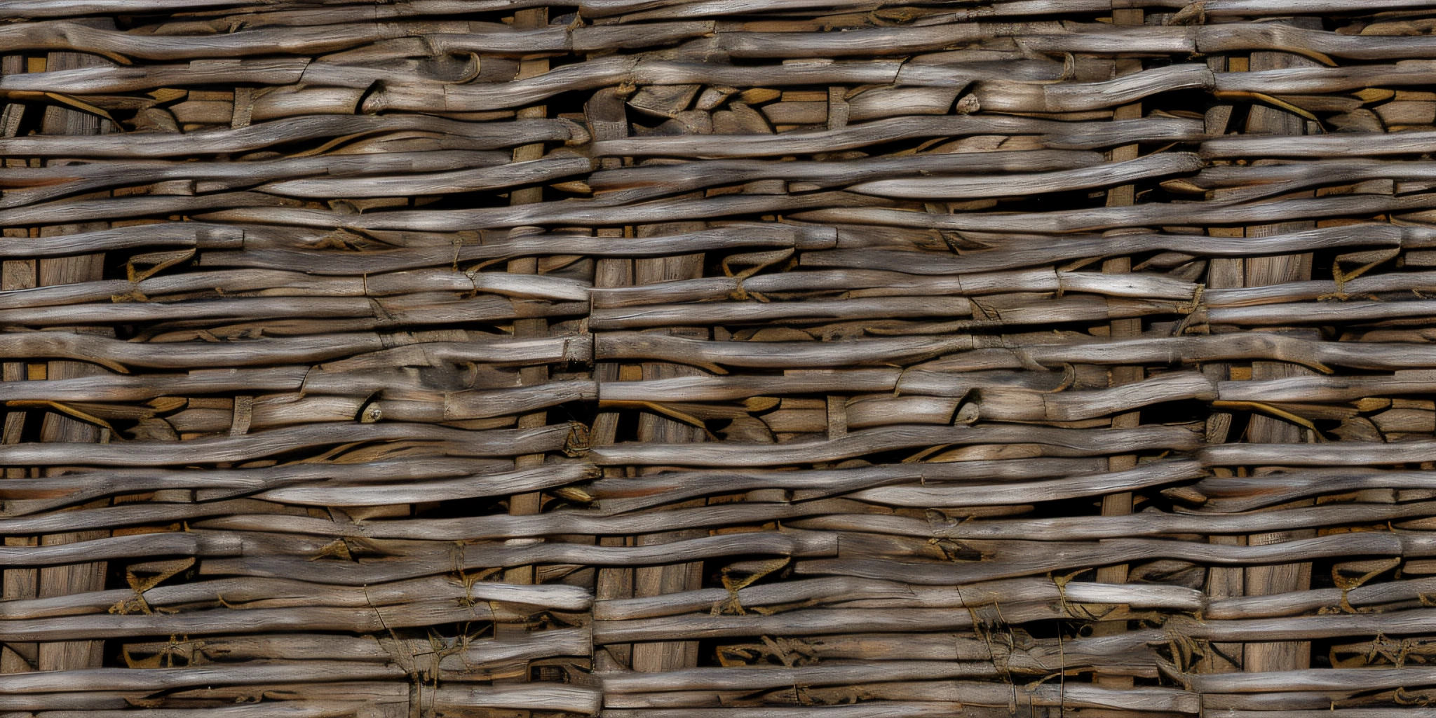 Close-up of a wicker fence made of fresh vine, Seamless high-resolution texture, Highly visible fence vine fibers, Stylized texture, rough wooden fence, Photorealistic texture, Seamless wood texture, Seamless wood texture, tileable texture, Highly detailed texture, Texture for 3D, Texture for 3D, weave, hd detailed texture, rustic, high resolution textures, Hyper-detailed texture