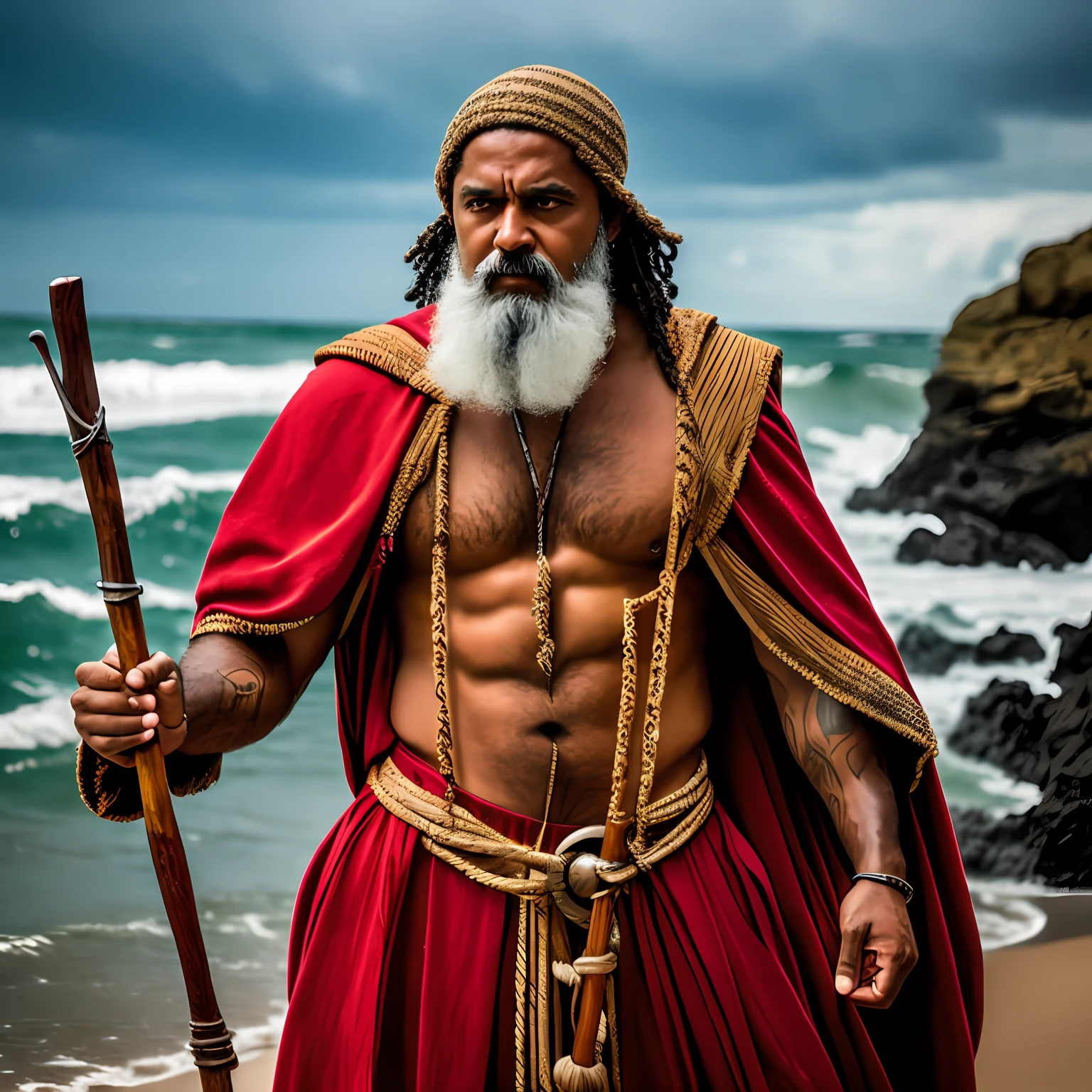 "personagem,biblical,Moises,barba branca, holding a wooden staff in his hand, abrindo o mar vermelho"