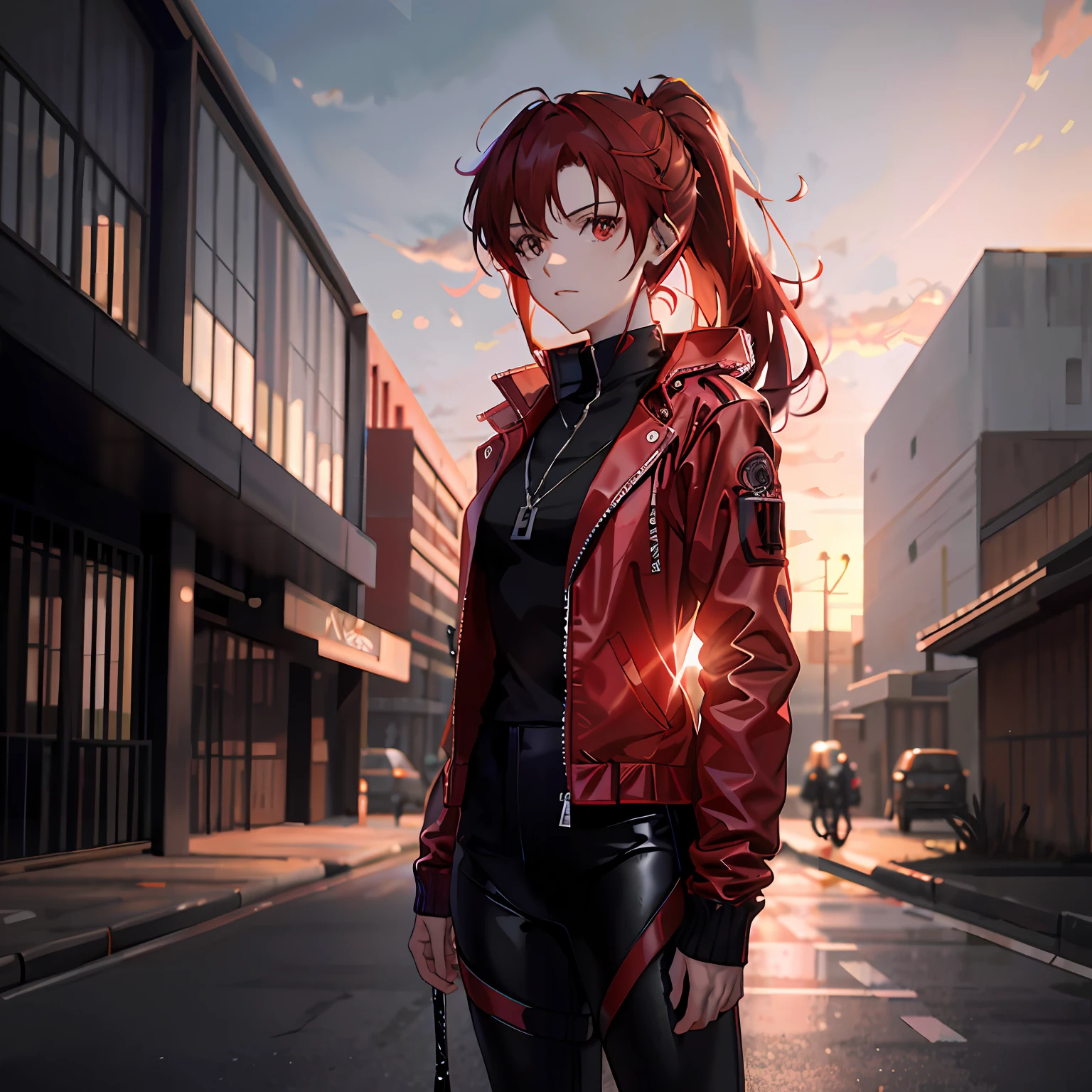 1girll,jaket,Sateen,exteriors,Tight combat suit,EVA,Shin Evangelion,mechs,Open red jacket,Hand in hand,Look at the other person,Messy red hair,Red double ponytail,Red headphones,Trends on ArtStation,8K分辨率,The is very detailed,anatomically correcte,Sharp images,digitial painting,concept-art,Trends on pixiv,Estilo de Makoto Shinkai,Red sunset,fundo vermelho,Red sky,