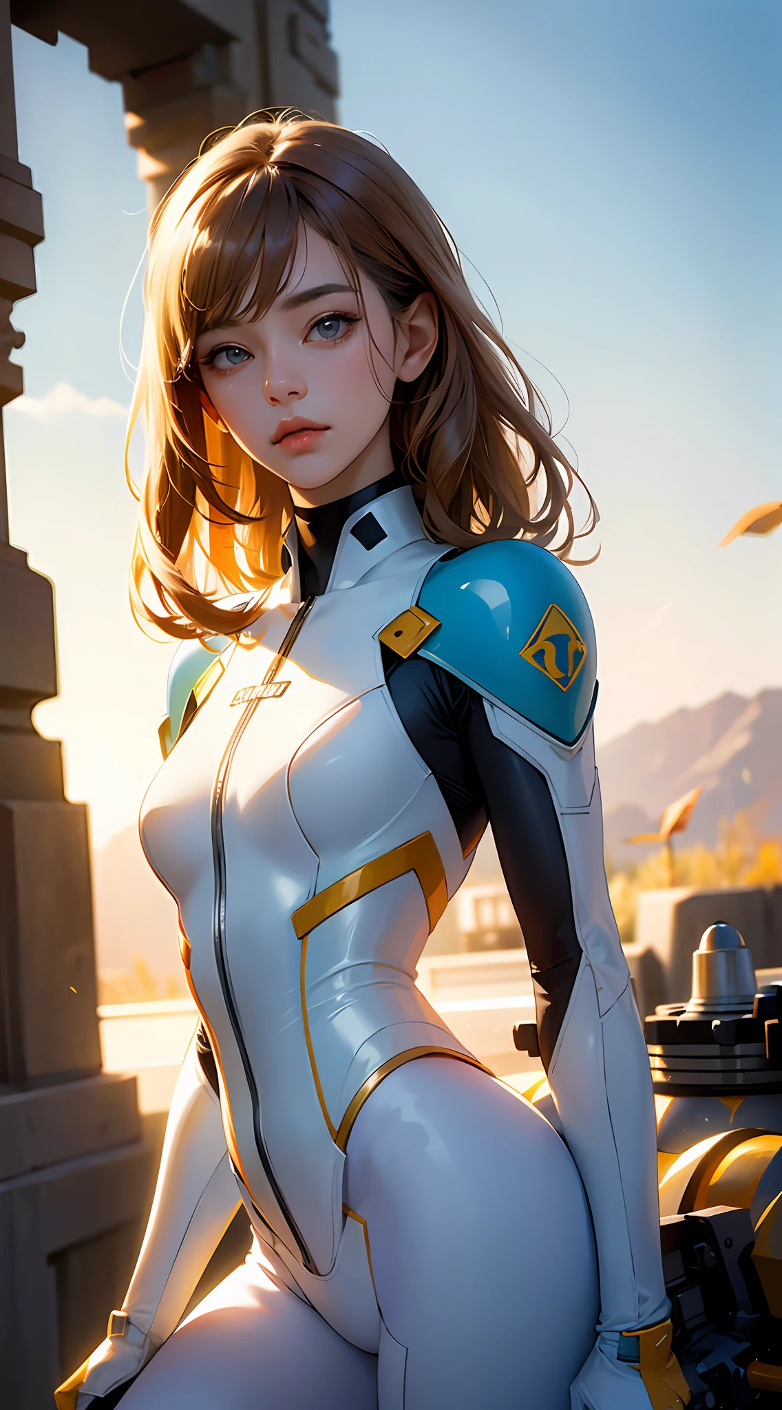 PM, (Light blue latex suit:1), Golden Fringe Shorthair, Light brown eyes, 1girl in, 20yr old, Innocence, (Photorealsitic), (masterpiece, :1.3),(top-quality:1.4), (超A high resolution:1.2), 超A high resolution, (A detailed eye), (detailed facial features), nffsw, 8K分辨率, (lensflare:0.7),