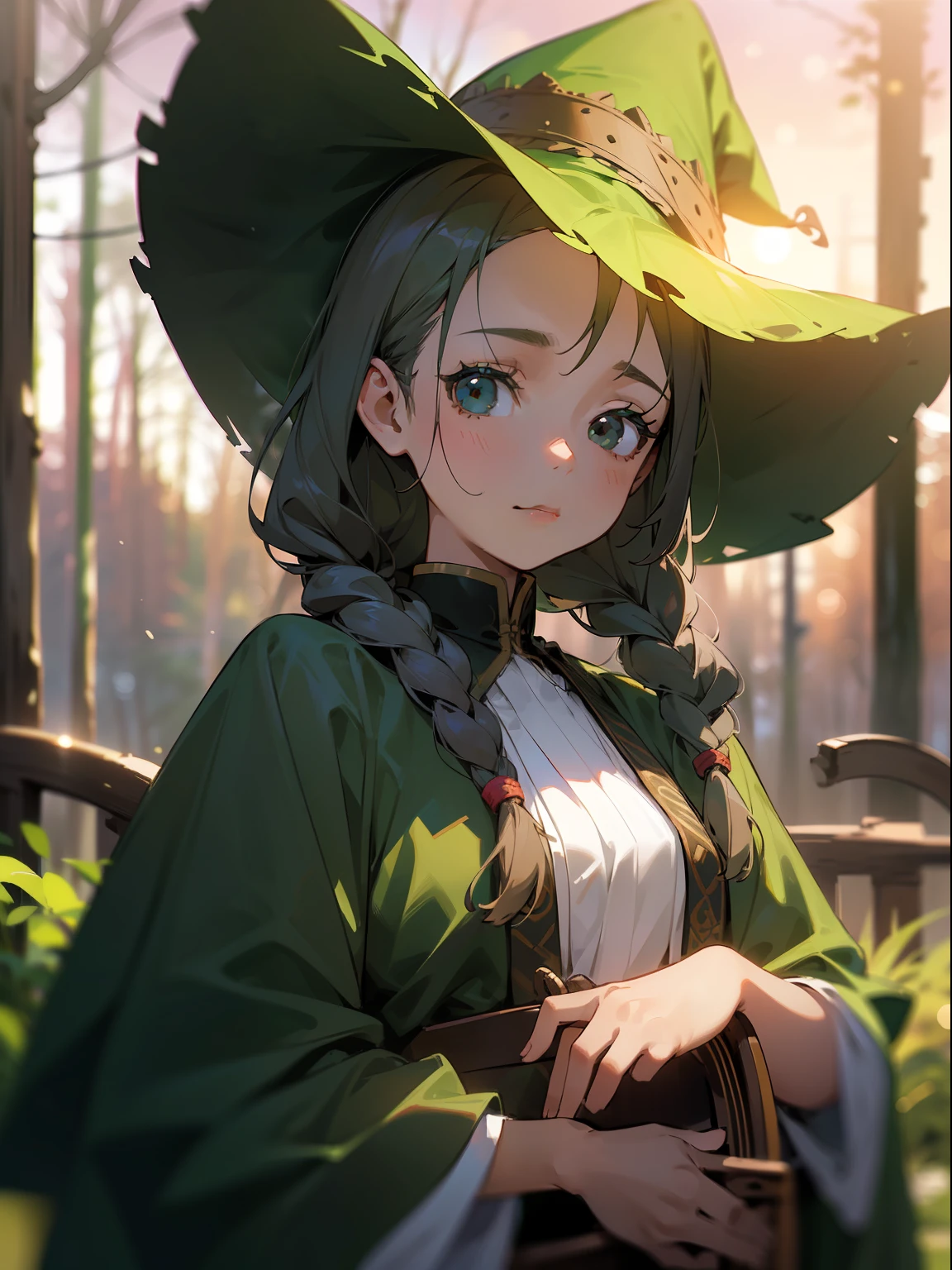 (Cute girl in braids wearing green witch hat), (Cute girl about 10 years old), (Magazine covers),Play the lute, Simple Green Witch Hat,(masutepiece), (very intricate:1.3), (Realistic), portrait of girl, the most beautiful in the world, (Green Witch Robe) , Upper body, forest, Intense sunlight, Professional photo details of stunning girls, foco nítido, Dramatic, awardwinning, Cinematic lighting, , Volumetrics DTX, (Film grain, Blurry background, Blurred foreground, Bokeh, depth of fields, Sunset, Motion Blur:1.3),Realism,Oversized shirt,Black eyes