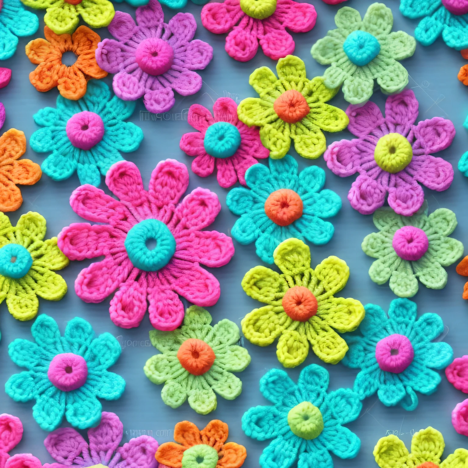 a closeup of a bunch of crochet flowers on a blue surface, flores florais coloridas, neon floral pattern, motivos de poder floral, pastel colorido 3 d, flores neon, papel de parede florido, flores coloridas, flores coloridas, flor!!!!, flores coloridas, muitas flores, fundo da flor, Florido, com flores coloridas, brilhante e colorido, colorido, Coloridos