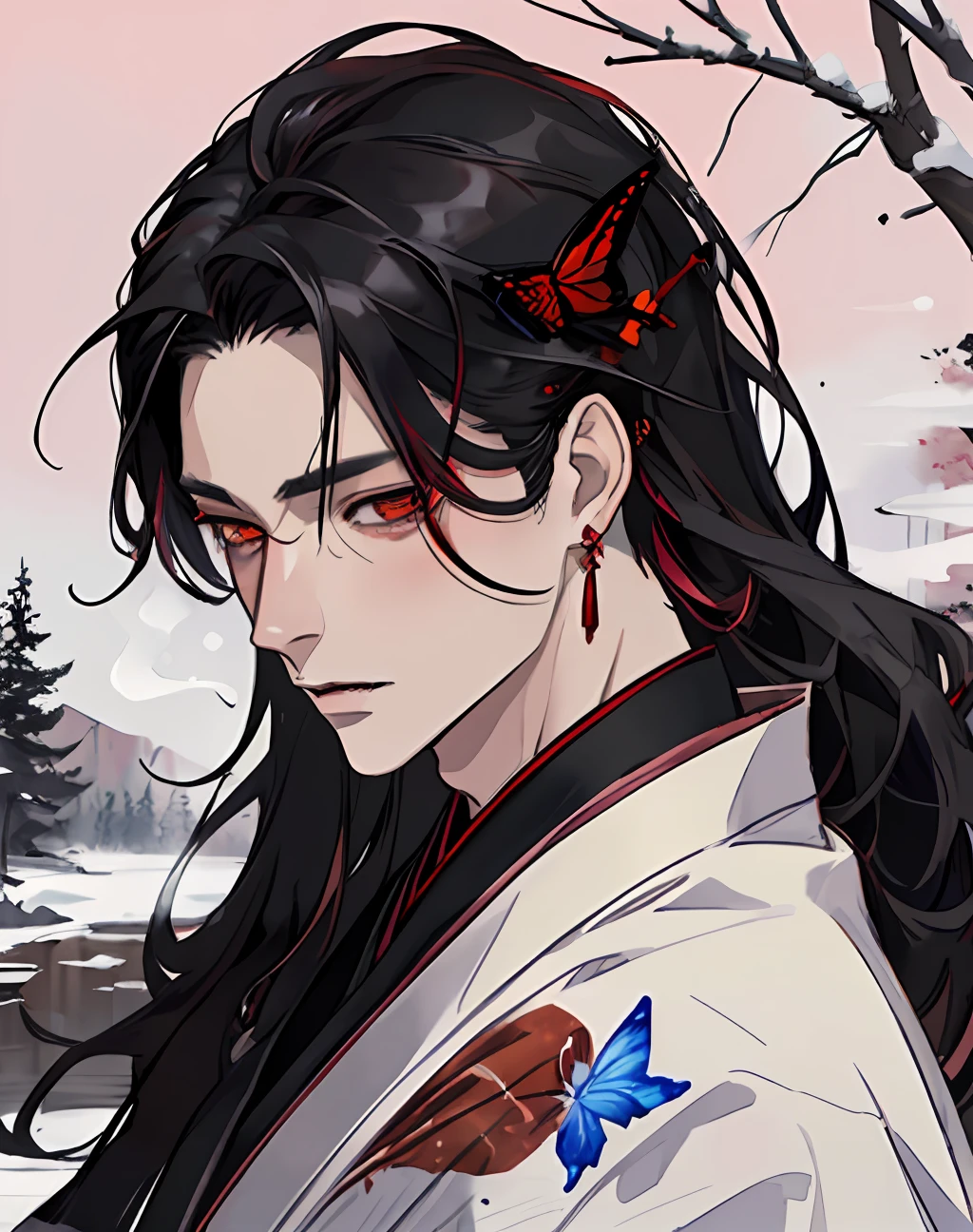 masterpiece, portrait, smoke, winter, snow, red and blck butterfly, snowy trees, watercolor, (((man))), kimono, red eyes, detaled eyes, black hair, long hair, perfect detailed face, night, attractive man, vampire, yoshiwara style, tabaco, pink skin, masculine, earrings, hair accesories,