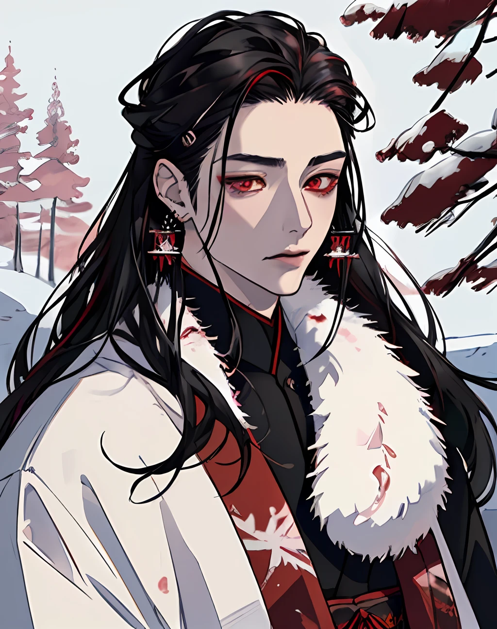 masterpiece, portrait, smoke, winter, snow, red and blck butterfly, snowy trees, watercolor, (((man))), kimono, red eyes, detaled eyes, black hair, long hair, perfect detailed face, night, attractive man, vampire, yoshiwara style, tabaco, pink skin, masculine, earrings, hair accesories,