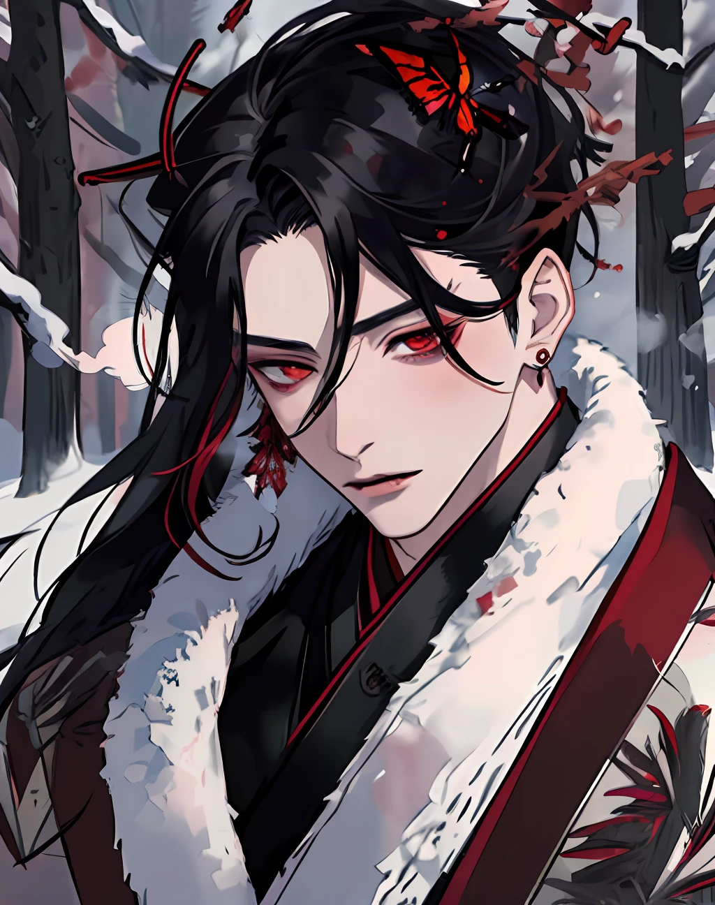 masterpiece, portrait, smoke, winter, snow, red and blck butterfly, snowy trees, watercolor, (((man))), kimono, red eyes, detaled eyes, black hair, long hair, perfect detailed face, night, attractive man, vampire, yoshiwara style, tabaco, pink skin, masculine, earrings, hair accesories,