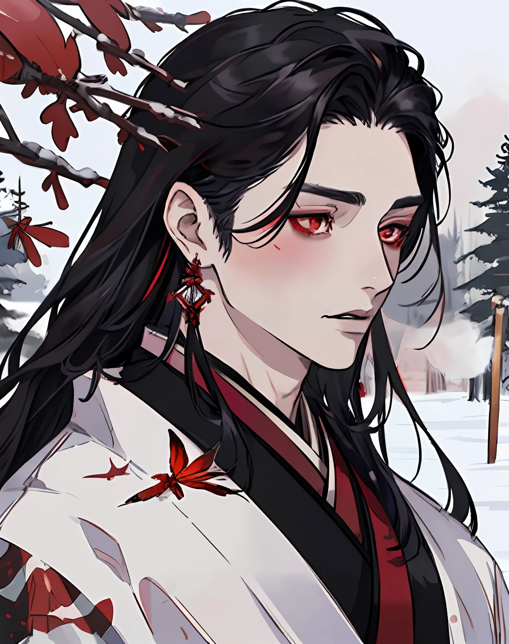 masterpiece, portrait, smoke, winter, snow, red and blck butterfly, snowy trees, watercolor, (((man))), kimono, red eyes, detaled eyes, black hair, long hair, perfect detailed face, night, attractive man, vampire, yoshiwara style, tabaco, pink skin, masculine, earrings, hair accesories,