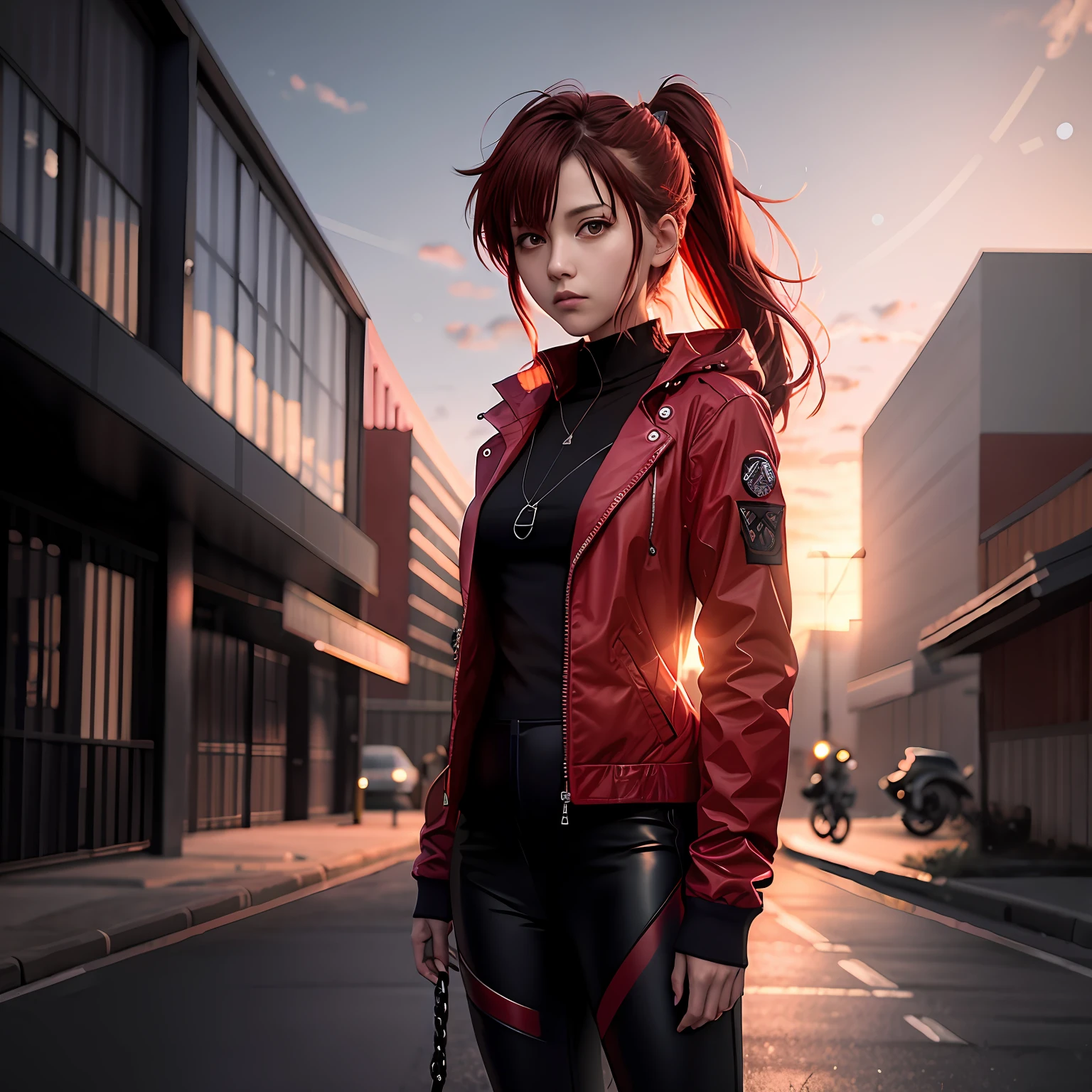 1girll,jaket,Sateen,exteriors,Tight combat suit,EVA,Shin Evangelion,mechs,Open red jacket,Look at the other person,Messy red hair,Red double ponytail,Red headphones,Trends on ArtStation,8K分辨率,The is very detailed,anatomically correcte,Sharp images,digitial painting,concept-art,Trends on pixiv,Estilo de Makoto Shinkai,Red sunset,fundo vermelho,Red sky,