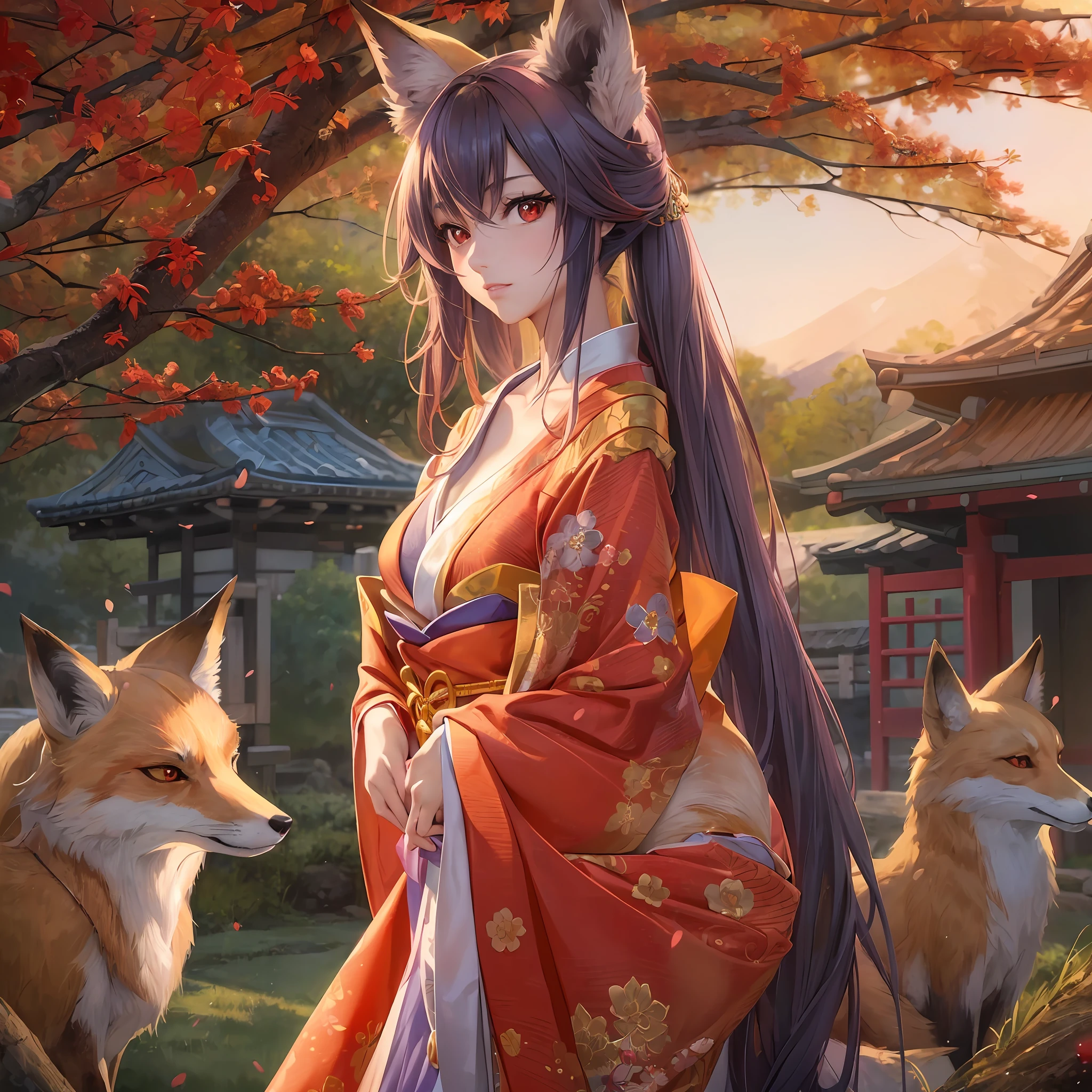 (Best quality), (masterpiece:1.3), (photorealistic:1.36), (realistic), ultra-detailed, Japanese Anime Style, Moe, 1Sexy beauty, collarbone, cleavage (between breasts), This depicts a fox disguised as a female, dressed in off-the-shoulder kimono clothing, an golden fox with red eyes in the background, the twilight, stand on the land, Lateral, looking at viewer,