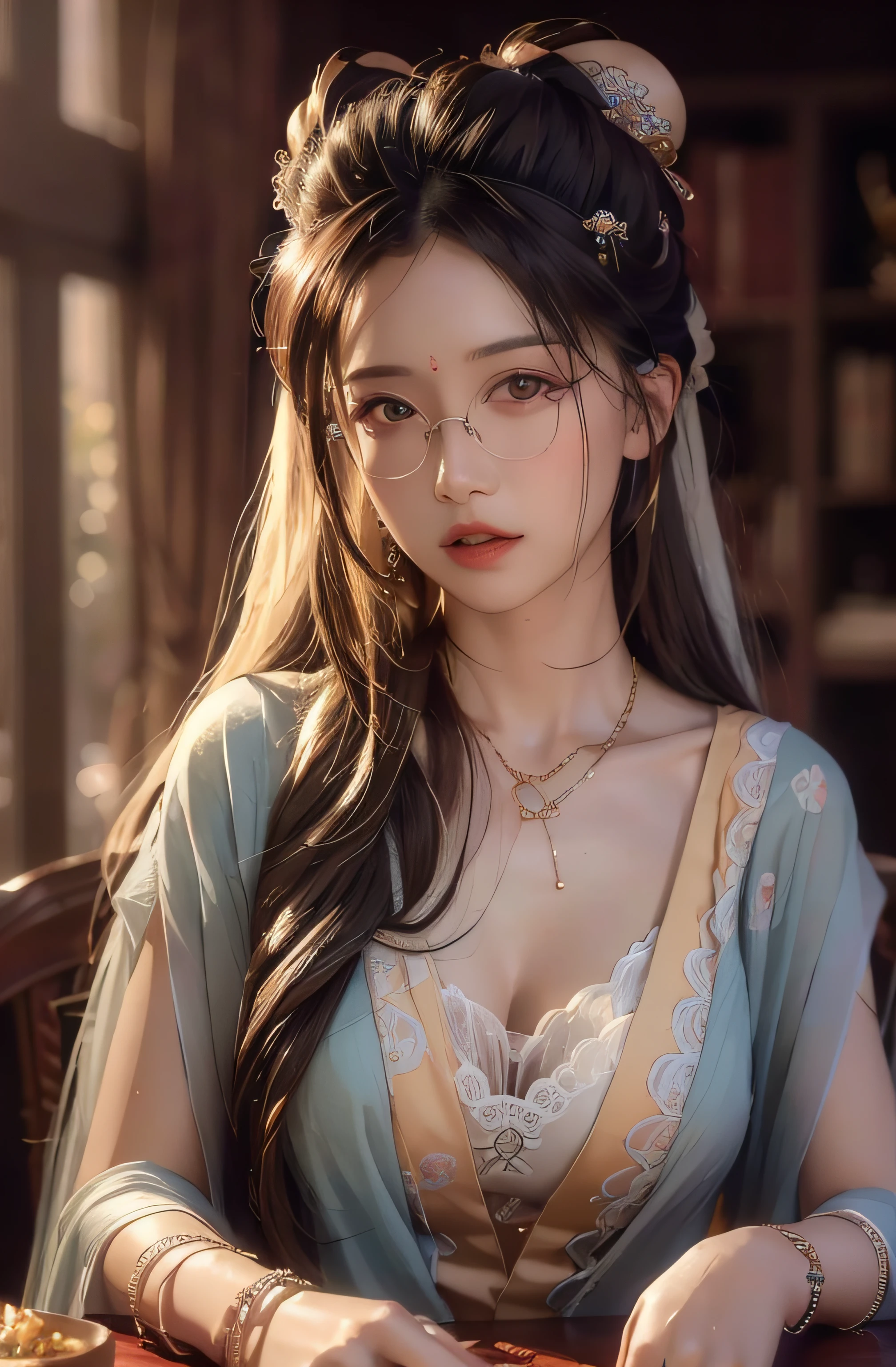 （RAW photos，best qualtiy），（realisticlying，photograph realistic：1.3），best qualtiy，highly  detailed，tmasterpiece，Hyper-detailing，illustratio，1girll，The upper part of the body_Body，dynamic angle，Masterpiece Theatre of the World，Messy_Long_Hair，best qualtiy，extremely detailed CG unity 8k wal，ink，astounding，cinmatic lighting，lens_flare，，dunhuang_Style，Face in Focus，Clear face，messy  hair