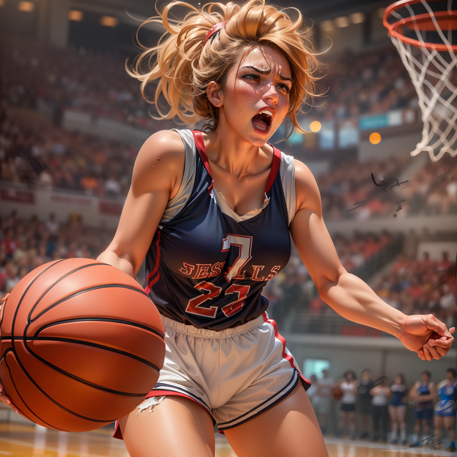 (hight resolution, Best Quality, Masterpiece:1.4), (Milf, Mature woman:1.3), sparkly skin, thick-thighs;, wide hips, Teeth on the skin, small breasts, (Woman in torn basketball clothes:1.3), Basketball jersey, basketball shorts, Short shorts, Sweating Lots,, Sweating Lots,, (On the basketball court:1.2), (The cunt is visible under the shorts:1.2), taut clothes, pubic hair, The expression of an angry face, Mrs, Dominant woman, Alpha Woman, From Bottom, Blushing, Beautiful background,