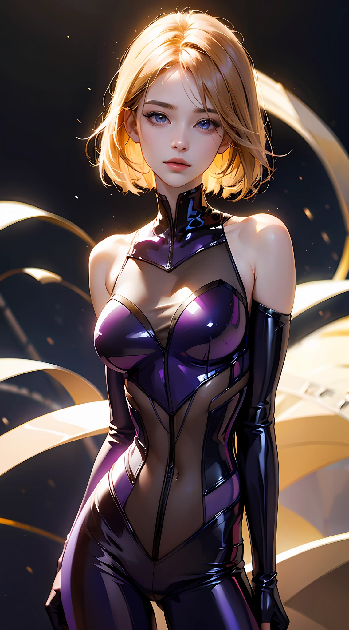 PM, (Purple Latex Suit:1), Golden Fringe Shorthair, Light brown eyes, 1girl in, 20yr old, Innocence, (Photorealsitic), (​masterpiece, :1.3),(top-quality:1.4), (超A high resolution:1.2), 超A high resolution, (A detailed eye), (detailed facial features), nffsw, 8K分辨率, (lensflare:0.7),Colossal tits