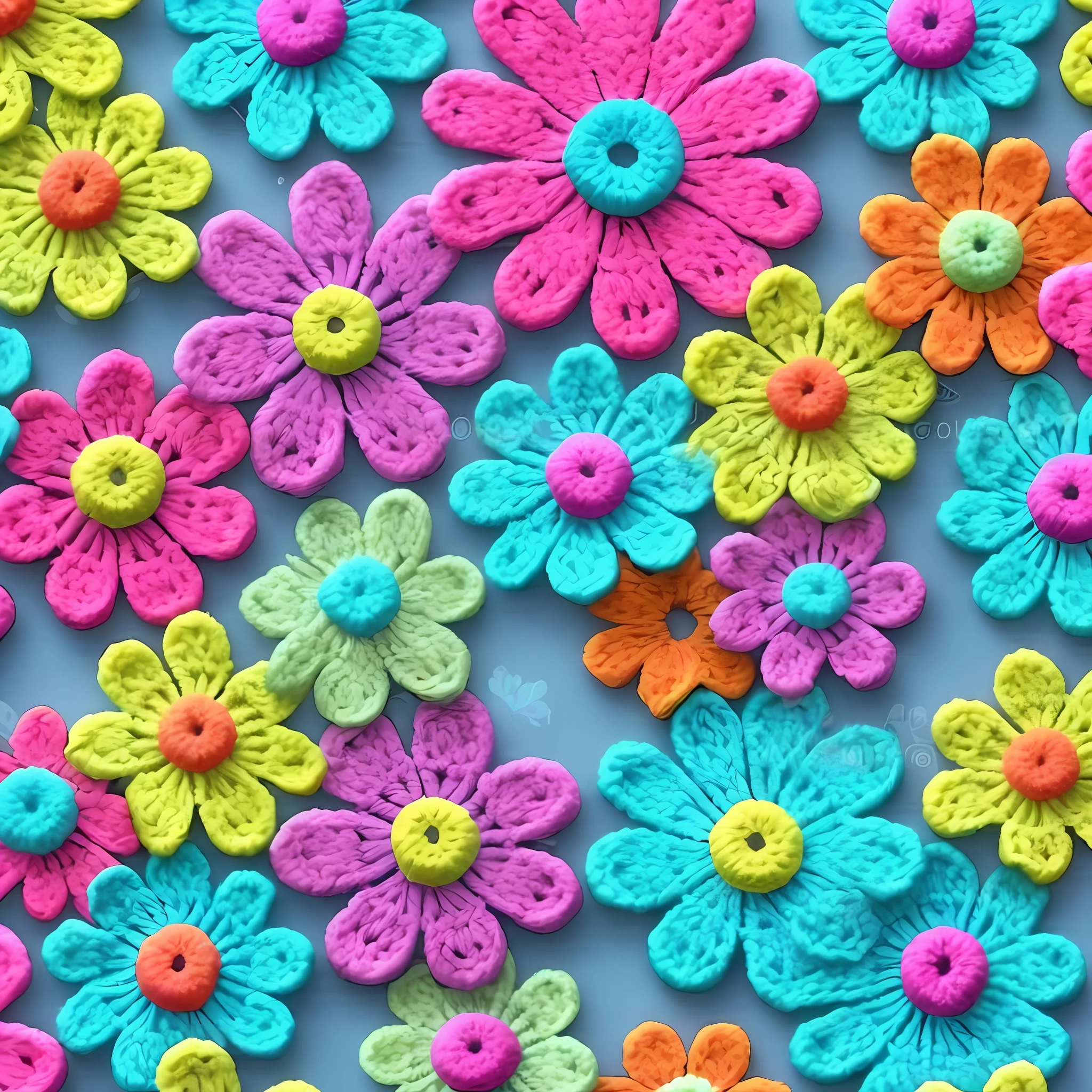 a closeup of a bunch of crochet flowers on a blue surface, motivos de poder floral, flores florais coloridas, neon floral pattern, flores coloridas, flores coloridas, flores coloridas, flores de cores vivas, com flores coloridas, pastel colorido 3 d, flores neon, Crochet, fundo das flores, background chaotic flowers, flores irregulares, garden flowers pattern, muitas flores, flor!!!!