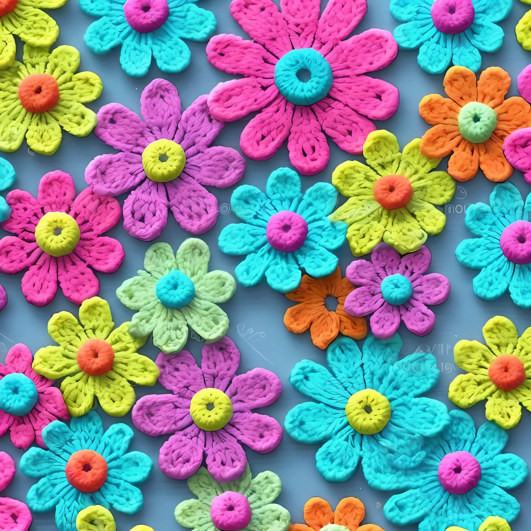 a closeup of a bunch of crochet flowers on a blue surface, motivos de poder floral, flores florais coloridas, neon floral pattern, flores coloridas, flores coloridas, flores coloridas, flores de cores vivas, com flores coloridas, pastel colorido 3 d, flores neon, Crochet, fundo das flores, background chaotic flowers, flores irregulares, garden flowers pattern, muitas flores, flor!!!!