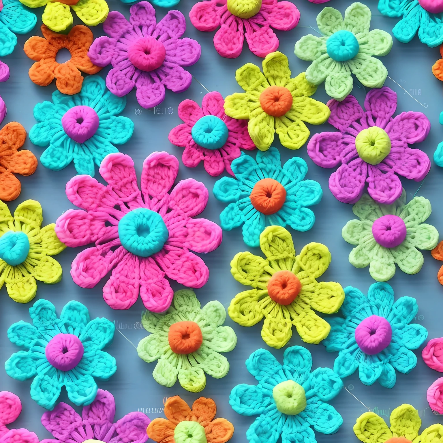 a closeup of a bunch of crochet flowers on a blue surface, flores florais coloridas, neon floral pattern, motivos de poder floral, pastel colorido 3 d, flores neon, papel de parede florido, flores coloridas, flores coloridas, flor!!!!, flores coloridas, muitas flores, fundo da flor, Florido, com flores coloridas, brilhante e colorido, colorido, Coloridos
