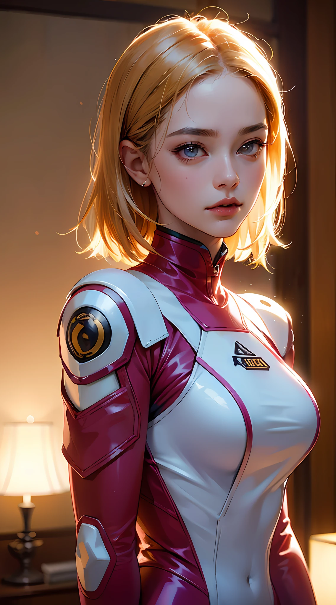 PM, (Magenta Pink Latex Suit:1), Golden Fringe Shorthair, Light brown eyes, 1girl in, 20yr old, Innocence, (Photorealsitic), (masterpiece, :1.3),(top-quality:1.4), (超A high resolution:1.2), 超A high resolution, (A detailed eye), (detailed facial features), nffsw, 8K分辨率, (lensflare:0.7),Colossal tits