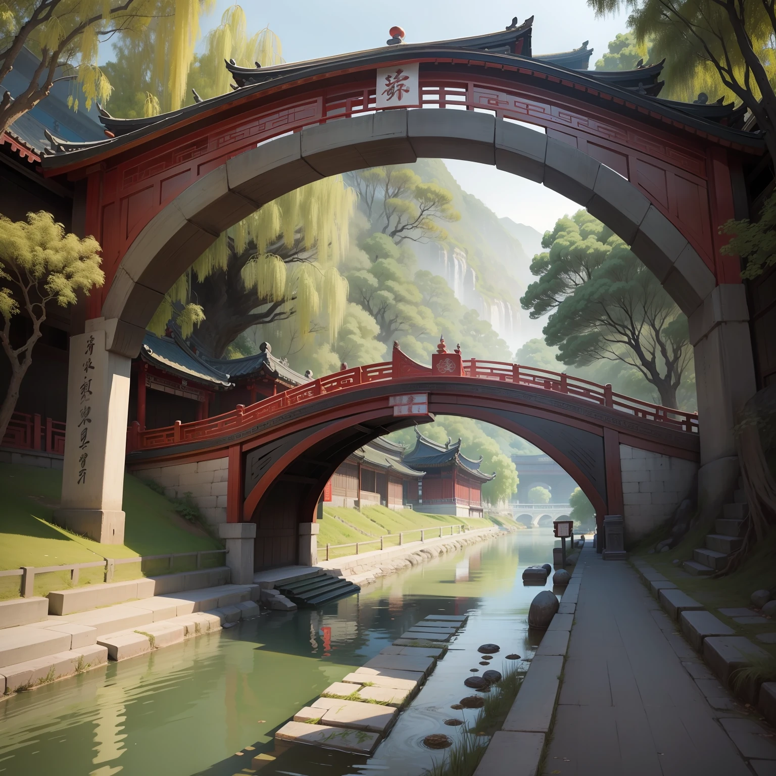 Classical Chinese painting style，There is a row of willow trees by the river，There is a small bazaar at the head of the bridge，