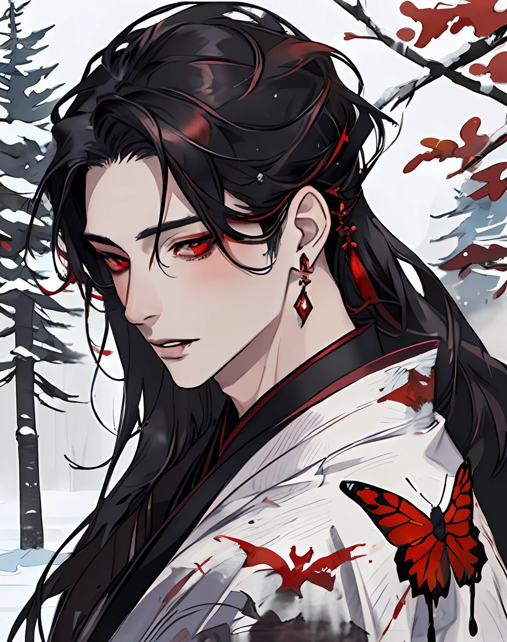 masterpiece, portrait, smoke, winter, snow, red and blck butterfly, snowy trees, watercolor, (((man))), kimono, red eyes, detaled eyes, black hair, long hair, perfect detailed face, night, attractive man, vampire, yoshiwara style, tabaco, pink skin, masculine, earrings, hair accesories,