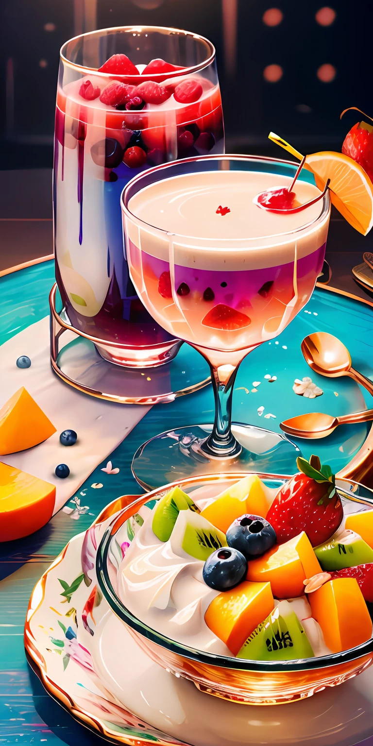 ocean, The sea, resort, tropics, tropical, Palma, picnic, Healthy breakfast. Faceted glass, crystal, mother-of-pearl shimmers, sun glare, Different play of light,  Muesli and berry yogurt, CocktailWorld, scenery, landscape, Street, Depth of field , ((blurred background)), Masterpiece, Best Quality, ultra detail, (((Multi-layered jelly))) glass, stained glass windows, Multi-colored highlights, tmasterpiece, Top Quality, Experience, Chic, Boho-chic, a gold, utensil, kettle, a cup, plate, crystals, with floral print,1 glass of milk (can be cow's milk, vegetable milk or yogurt) 1 teaspoon vanilla extract of your choice (optional) Chopped fresh fruits (For example, strawberries, kiwi, mango, blackberry, raspberry, cherry, carambola, blueberries, etc.) Marengo,