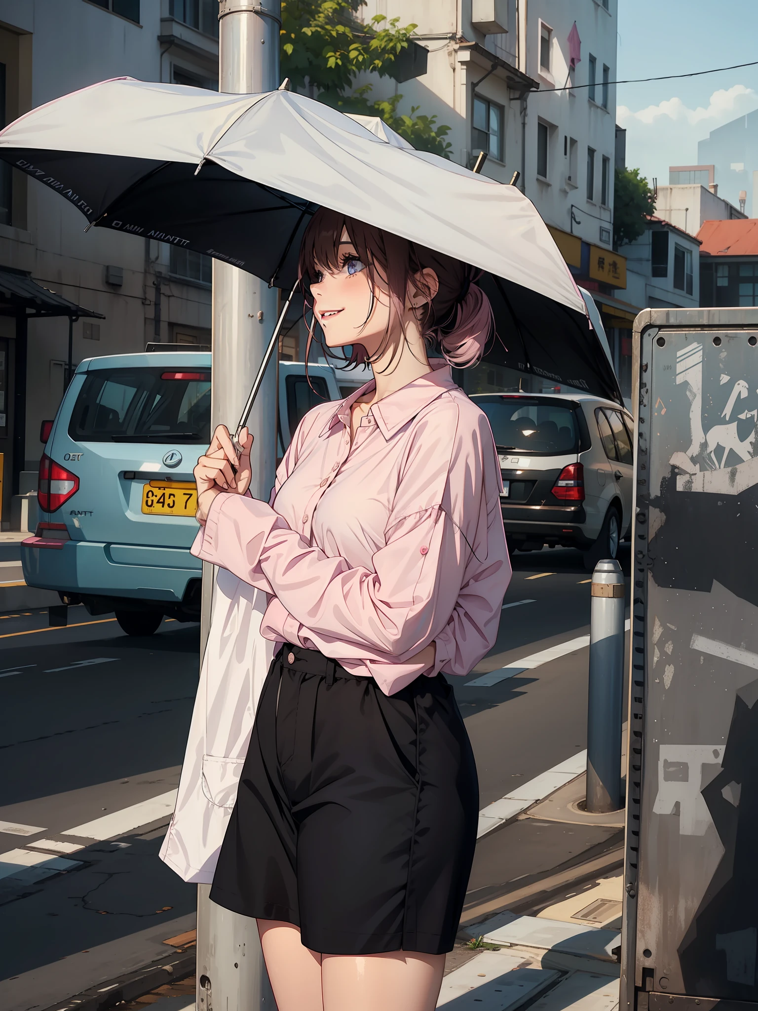 girl with, a smile, Light pink long sleeve cutter shirt