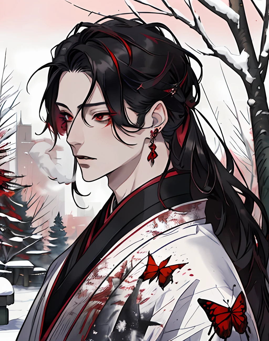 masterpiece, portrait, smoke, winter, snow, red and blck butterfly, snowy trees, watercolor, (((man))), kimono, red eyes, detaled eyes, black hair, long hair, perfect detailed face, night, attractive man, vampire, yoshiwara style, tabaco, pink skin, masculine, earrings, hair accesories,