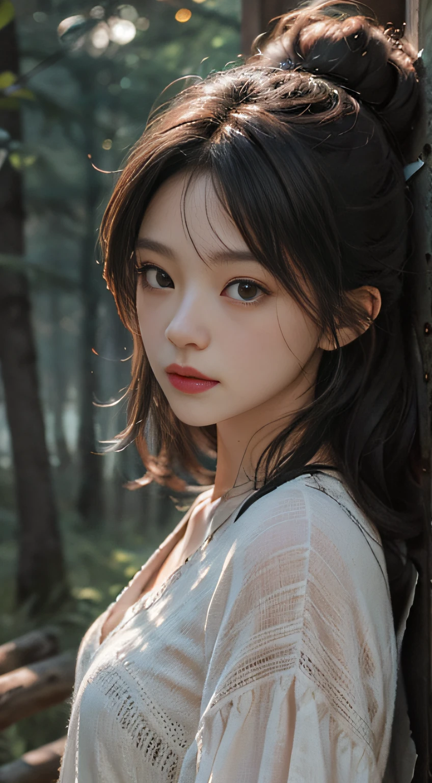 ln the forest，hillside，Quiet，Rustic，High-definition detail、Hyper-detailing、cinematic ligh、ultra-realistic realism、Soft light、Deep field focus bokeh、