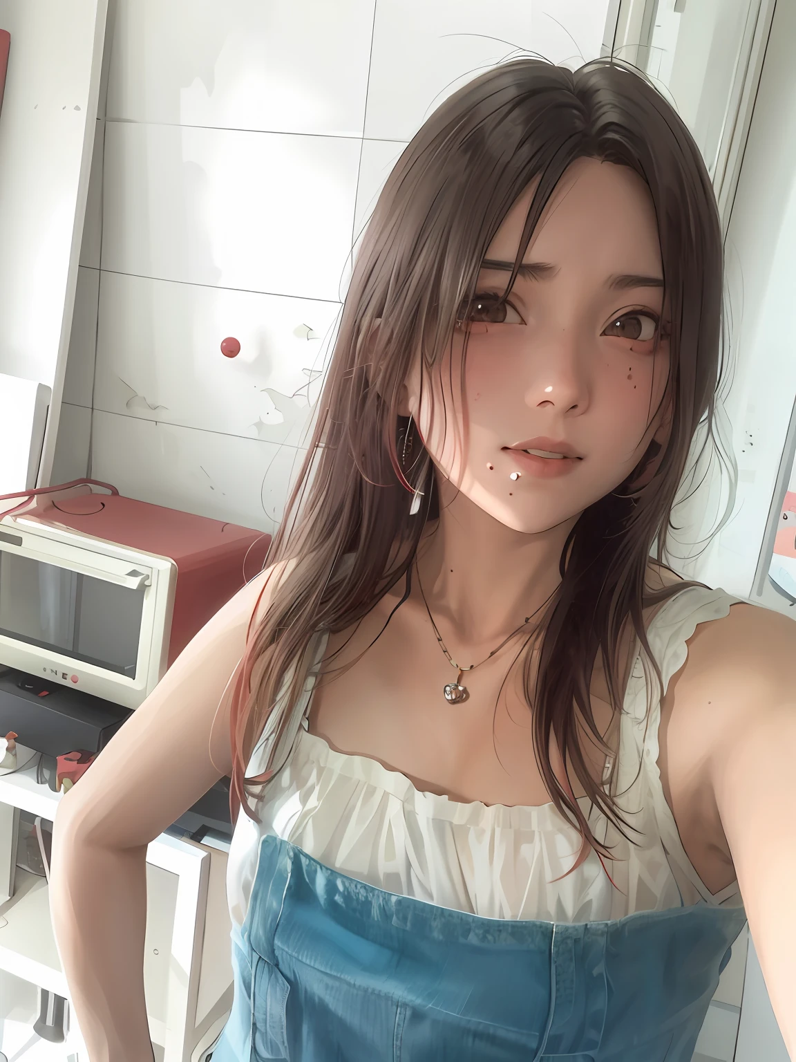 1girll,messy hair,red leotard,red tinted hair,Estilo de Makoto Shinkai,耳Nipple Ring,choker necklace,No moles,