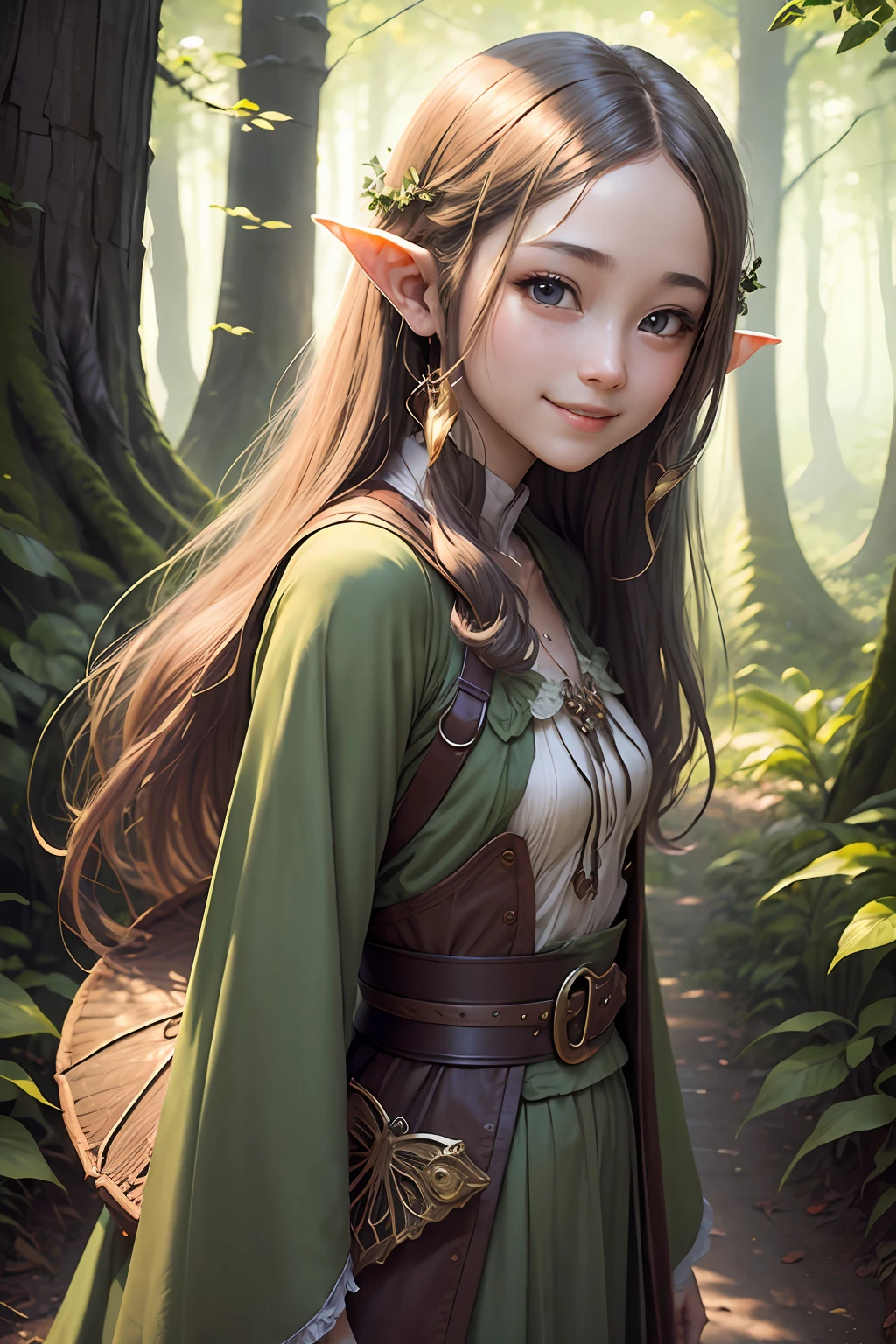 Welcome to the unknown、Elves will guide you、kindly smile、Beautiful girl with a sense of transparency、beautiful fairies、play、A delightful、the woods 、facing front、A smile