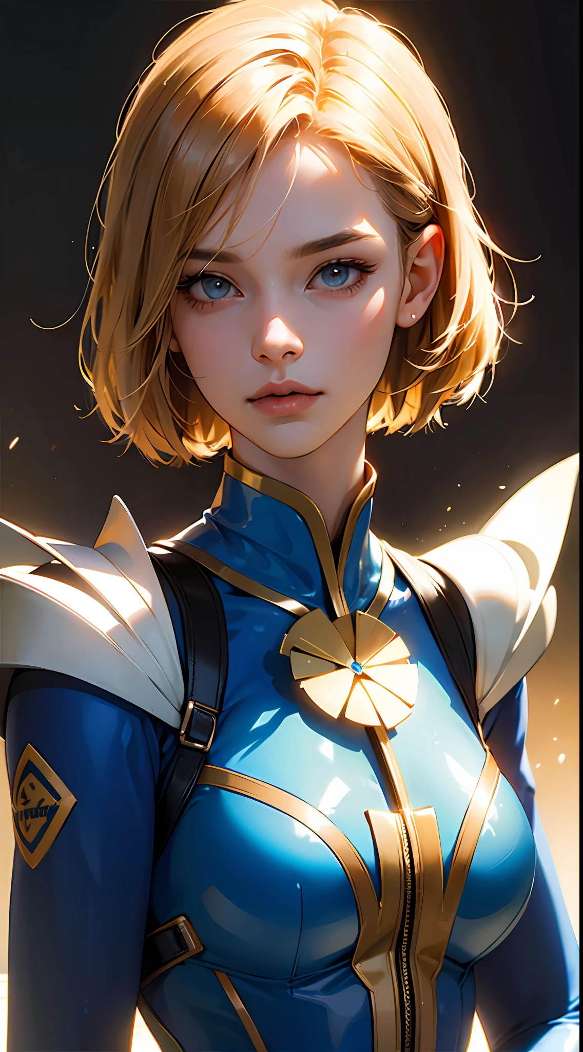PM, (Blue Latex Suit:1), Golden Fringe Shorthair, Light brown eyes, 1girl in, 20yr old, Innocence, (Photorealsitic), (masterpiece, :1.3),(top-quality:1.4), (超A high resolution:1.2), 超A high resolution, (A detailed eye), (detailed facial features), nffsw, 8K分辨率, (lensflare:0.7),Colossal tits
