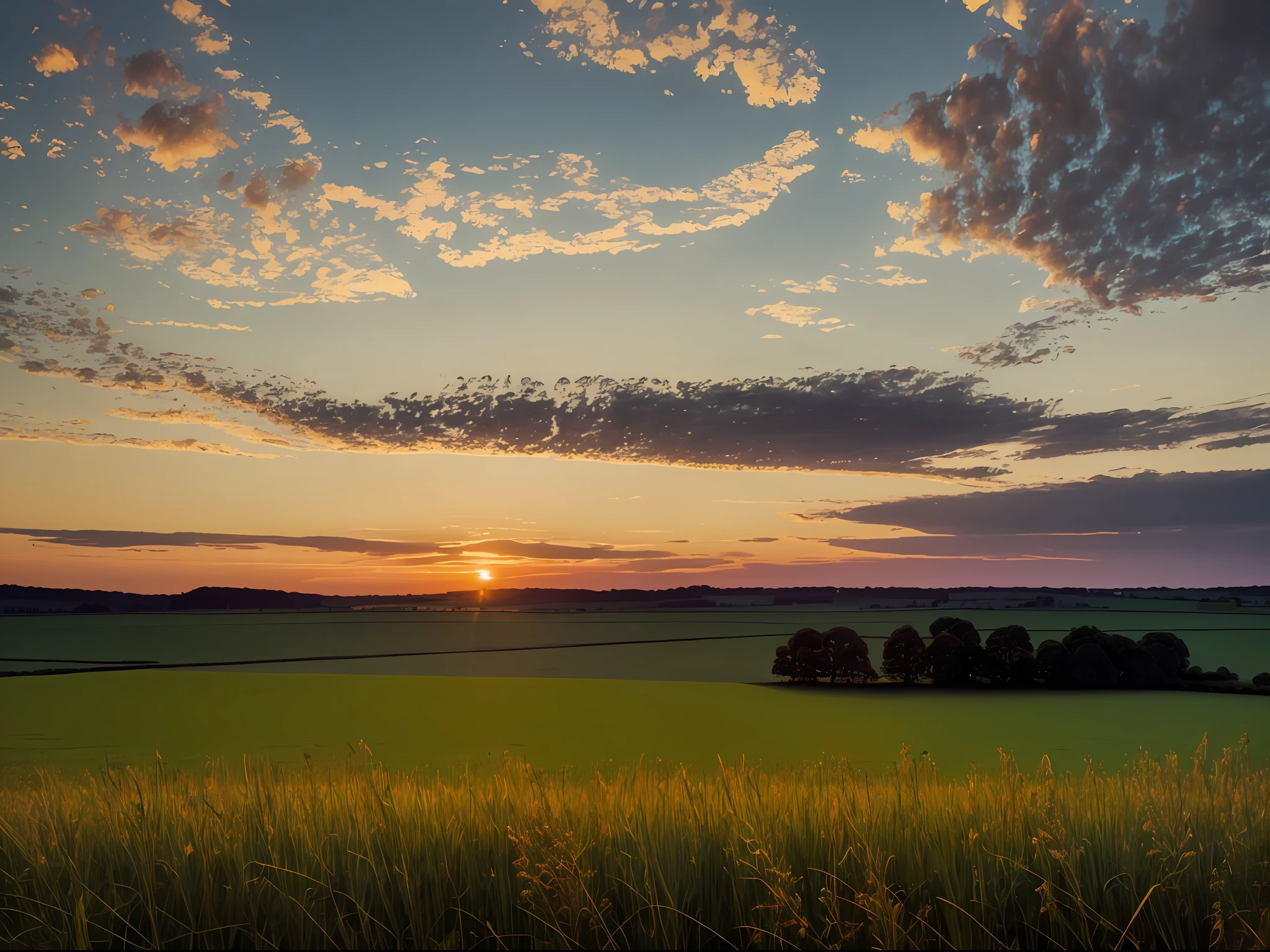 the sun is setting over a grassy field, an impressionist painting by Isobelle Ann Dods-Withers, trending on unsplash, tonalism, complementary colors, painterly, high dynamic range
