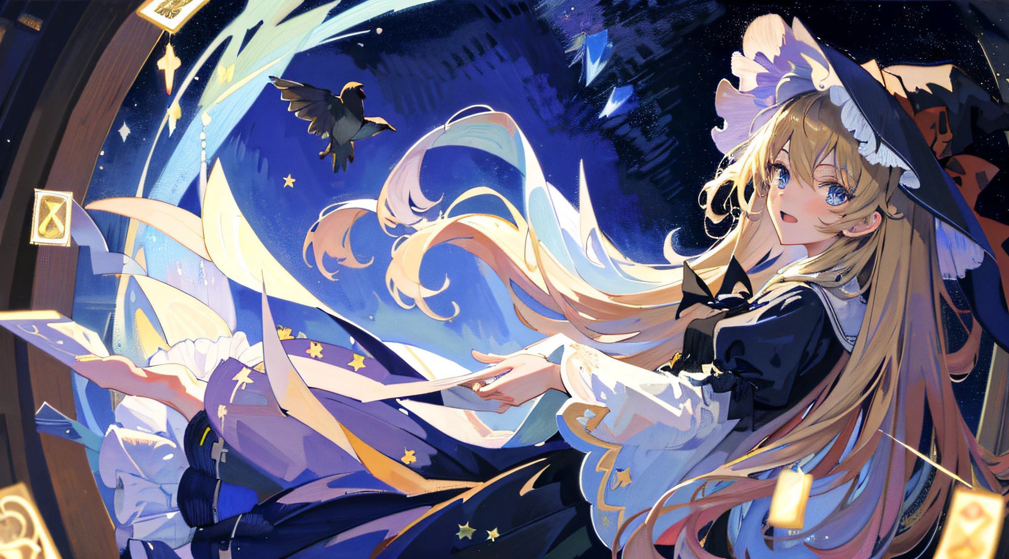 ((Masterpiece:1.2, Best quality)), 1girll, Solo, (Witch hat), Blonde hair, Long hair, dress, aurora, Night, Star (sky), , White dress, Night sky, Open mouth, Starry sky, Blue eyes, ribbon, Very long hair, Red dress, Smile, Hair ribbon, Cape, Blue hair, (Bird), magic, casting spell, Dark clouds, Night, (Impressionism:1.4), (tarot:1.3), Alphonse Mucha,Ai Hoshino