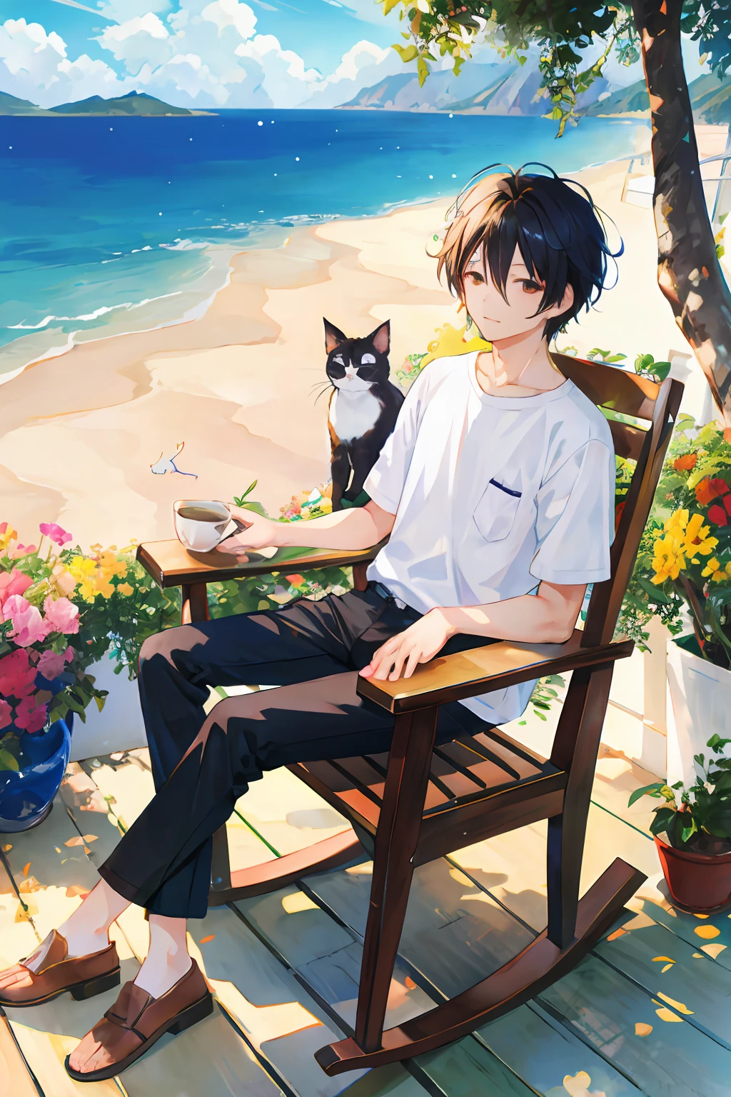 Sunny days、With one cat、On a very high hill with a view of the sea、While sitting in a rocking chair、Wearing a white shirt and black pants、Brew coffee while looking at the sea、Landscape with one man with 8 heads and black hair。